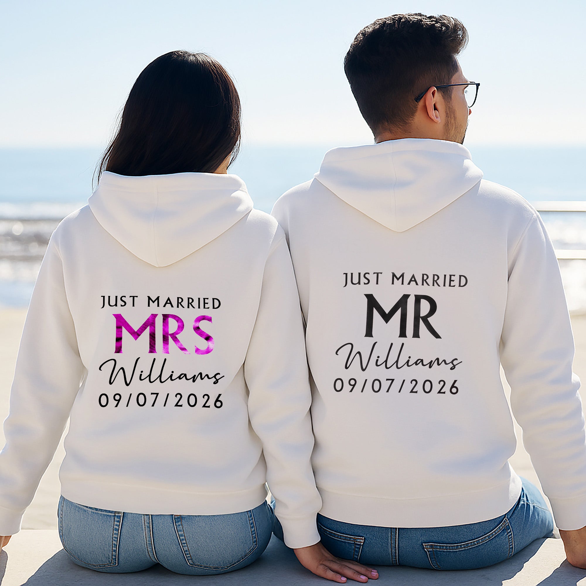 Personalizada Just Married Mrs Mr Multicolor 100% Algodón Sudadera con cremallera y nombre Boda Bridal Shower Luna de miel Regalo para Novia Novio Pareja