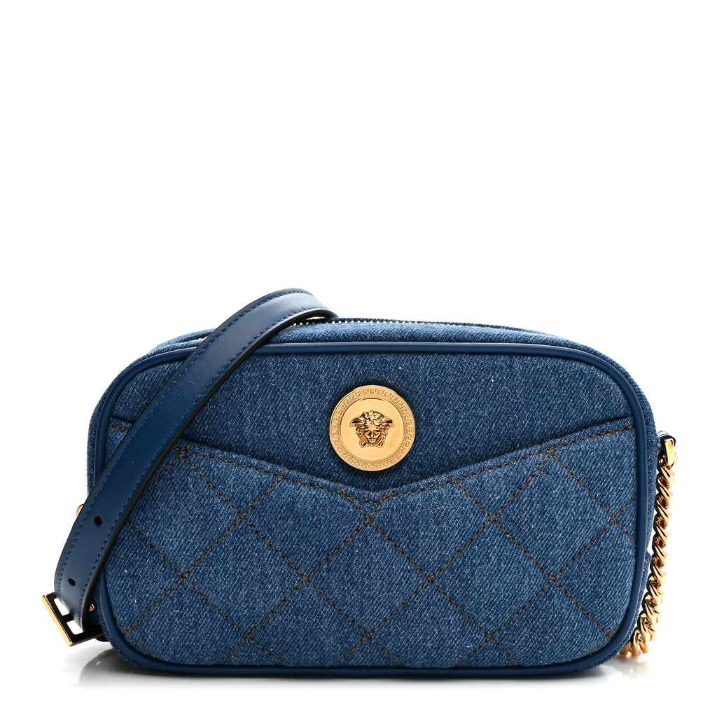 Versace Denim Quilted La Medusa Camera Bag Blue