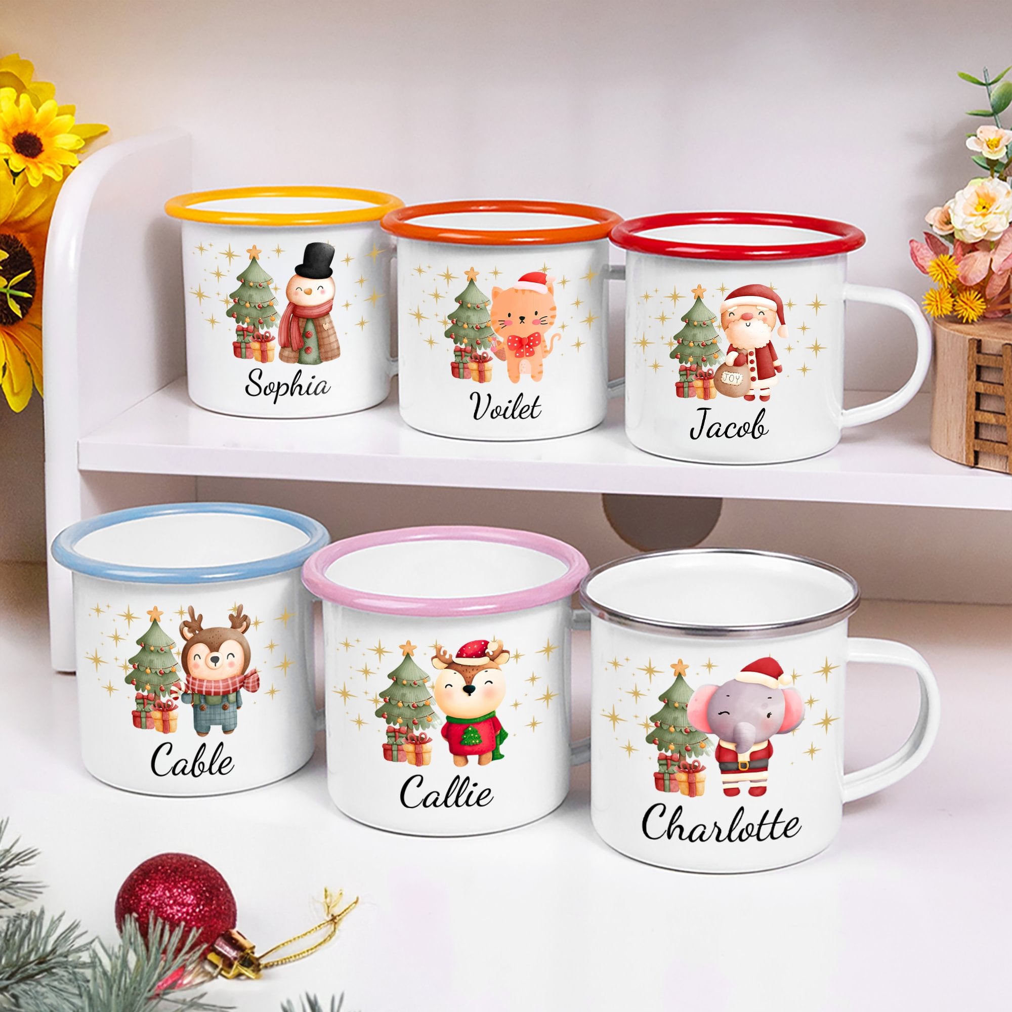 Taza esmaltada personalizada con el nombre de un simpático animal en un árbol de Navidad 12 oz Regalo de Navidad para Niños Niñas