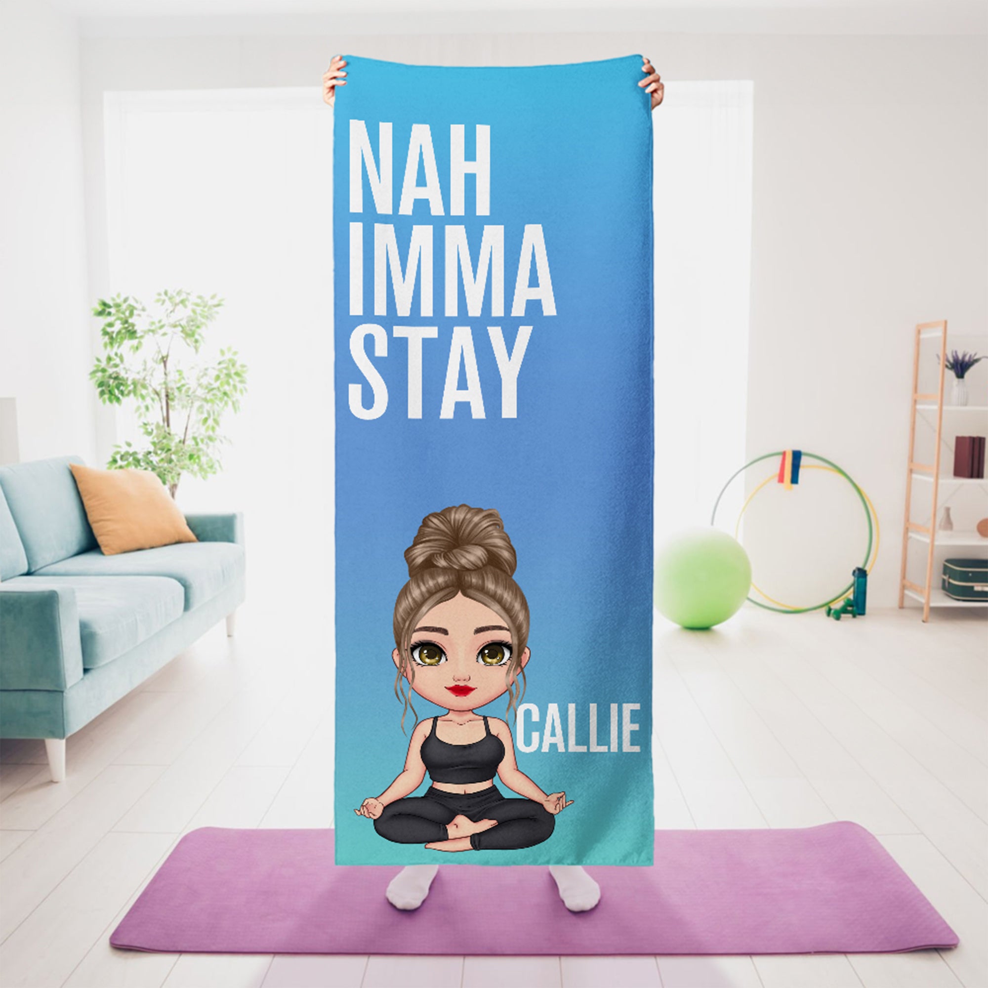 Toalla de Yoga Personalizada con Nombre y Texto de Personaje de Dibujo Animado Femenino Super Absorbente Accesorios Deportivos Regalo para Mujeres Amantes del Yoga