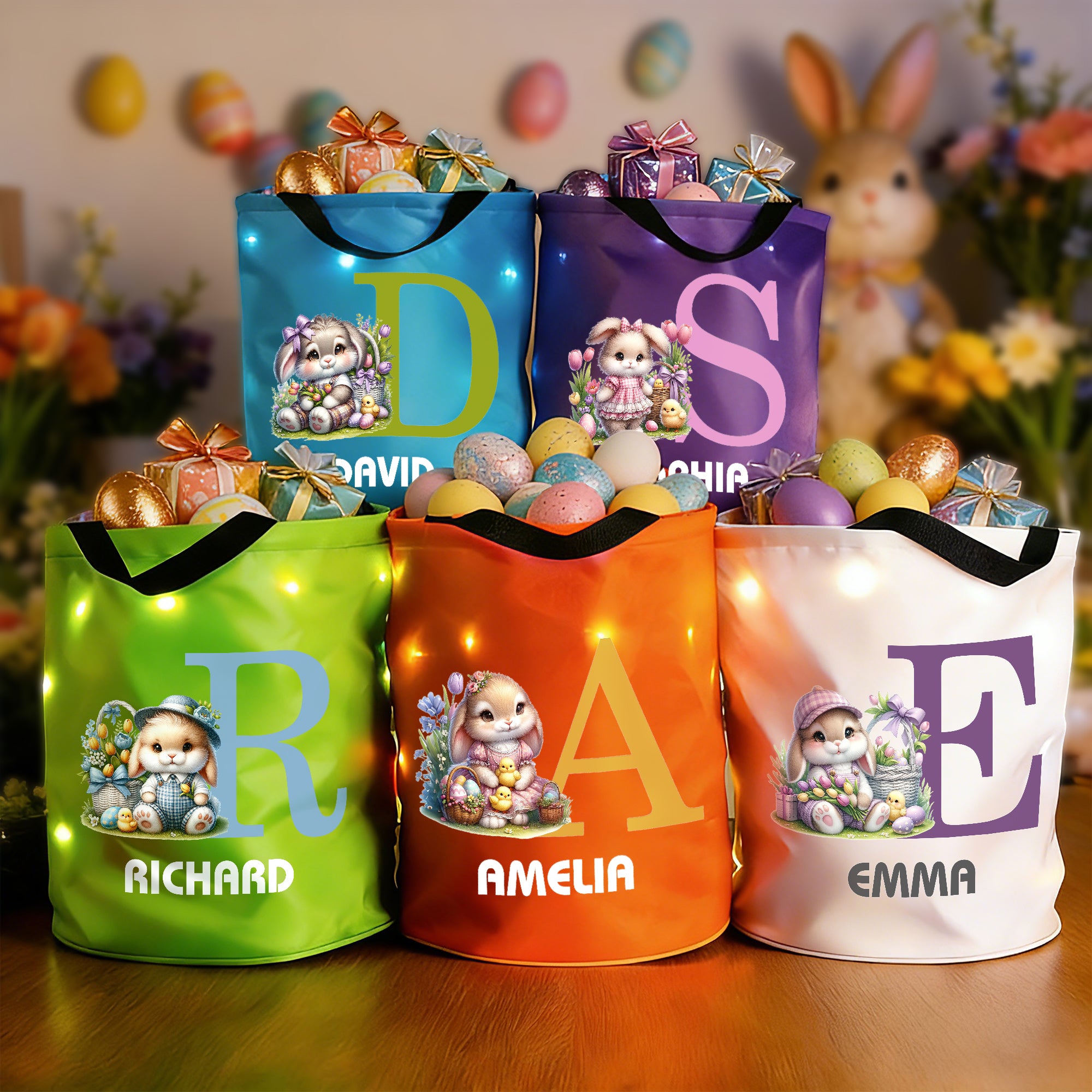 Cesta personalizada de conejito de dibujos animados con nombre e inicial Fiesta de Pascua Regalo de Pascua para niños Familia