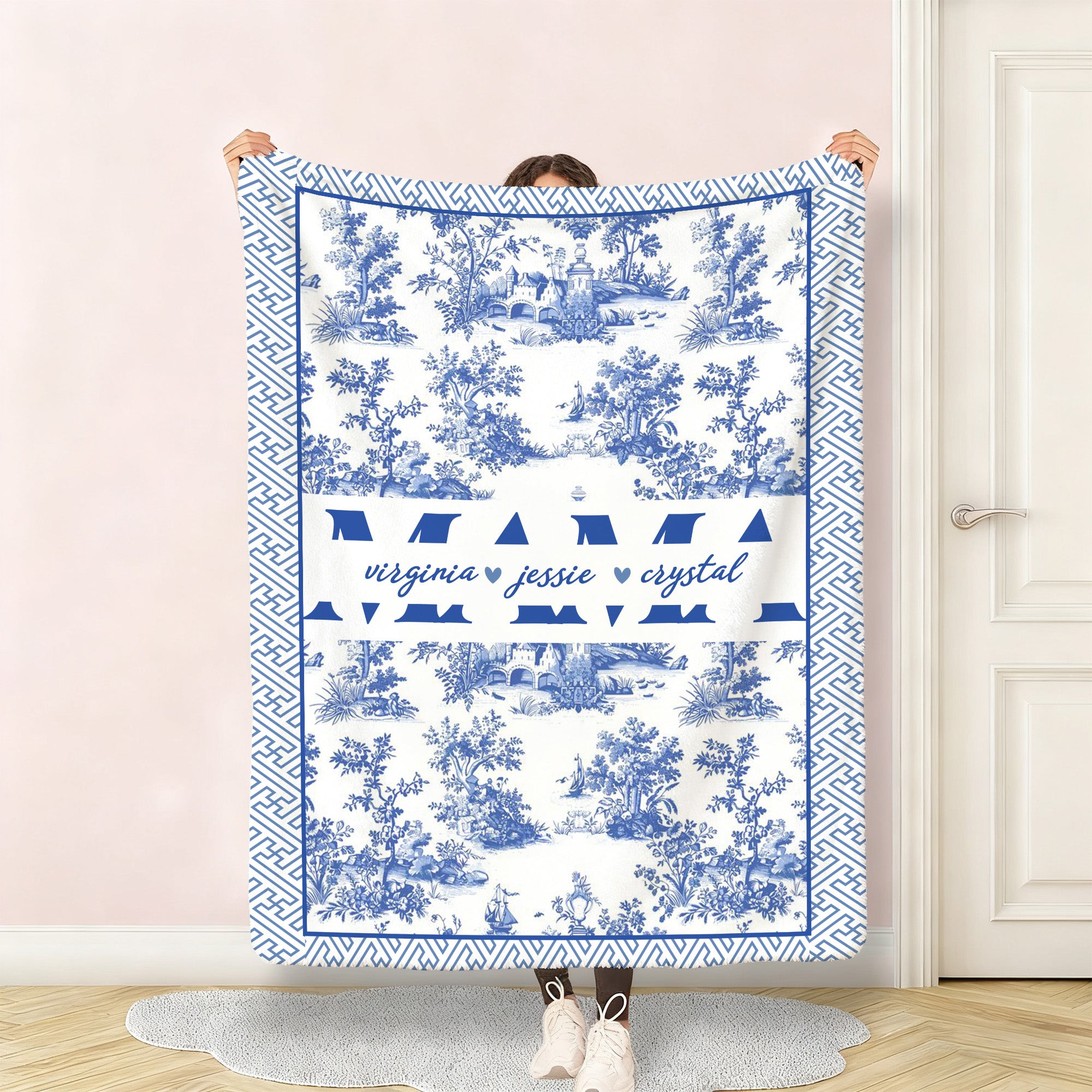 Toile de Jouy personalizado estilo Mama Nana multicolor suave manta con nombre decoración del hogar cumpleaños aniversario regalo para mamá abuela