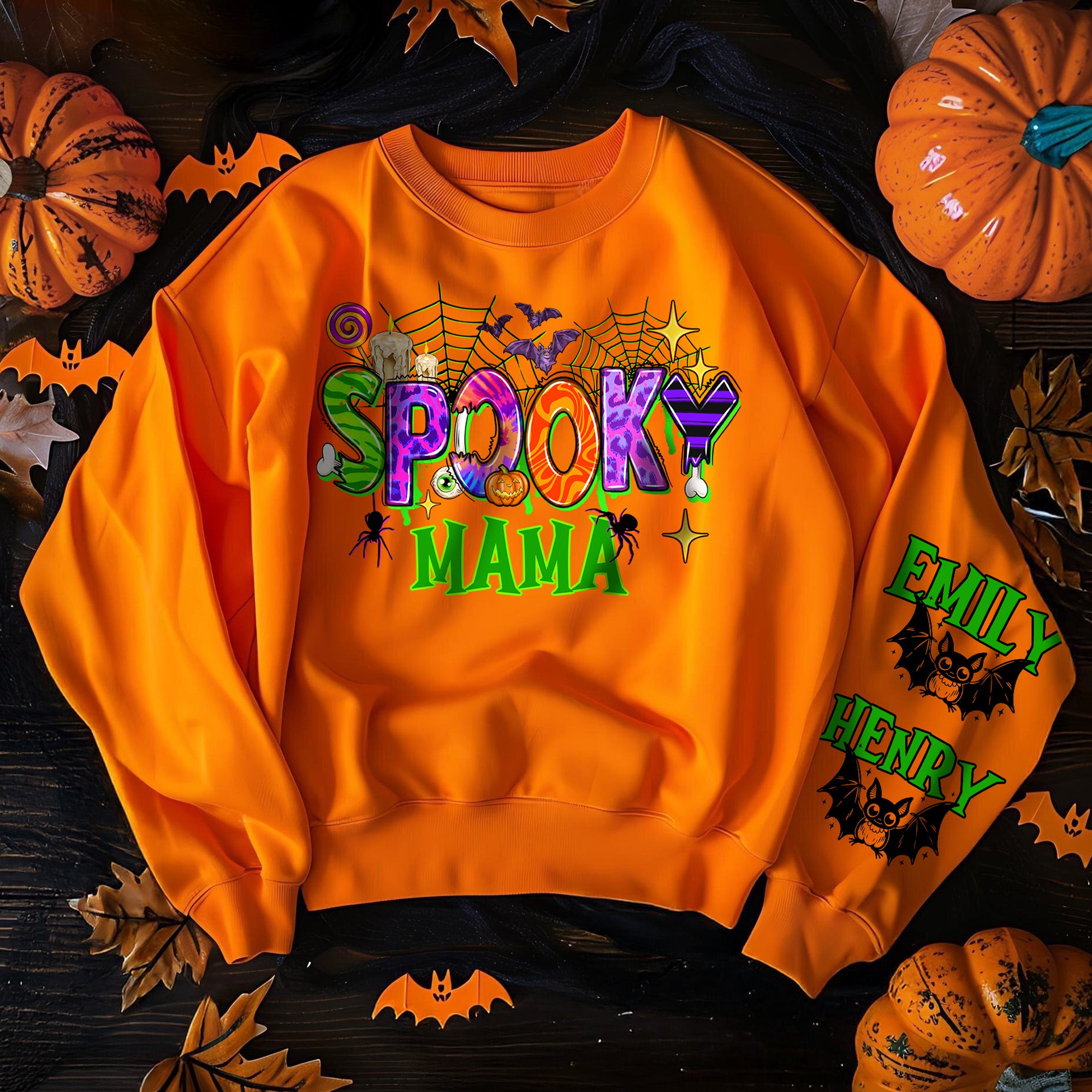 Personalizado lindo Halloween Araña Murciélago Espeluznante MAMA Sudadera suave con 1-6 Nombres y Título Cumpleaños Vacaciones Halloween Regalo para Mamá Abuela