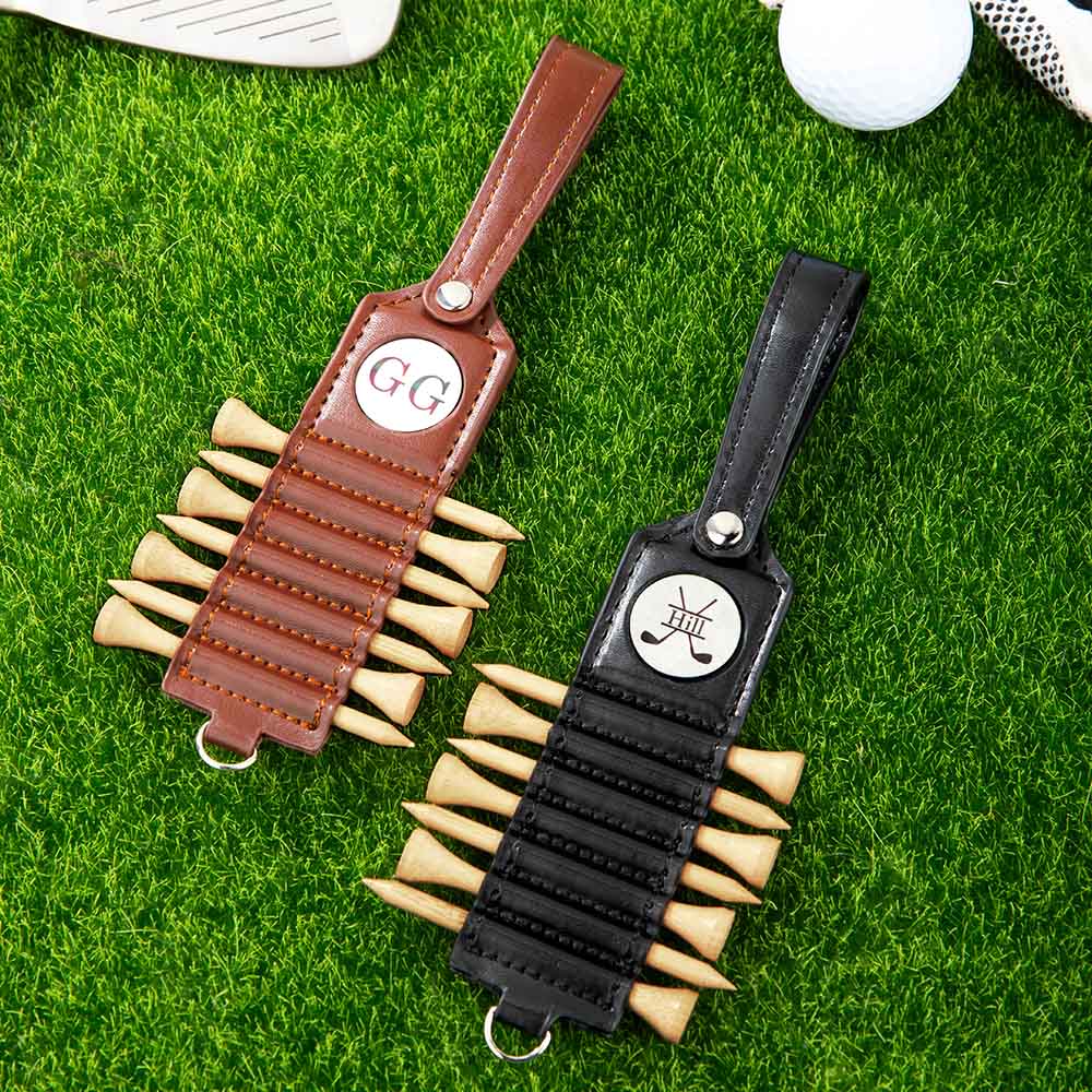 Palo de golf personalizado Monograma de cuero Golf Tee Holder con nombre y 7 piezas Tees Accesorios deportivos Cumpleaños Día del Padre Regalo para los jugadores de golf