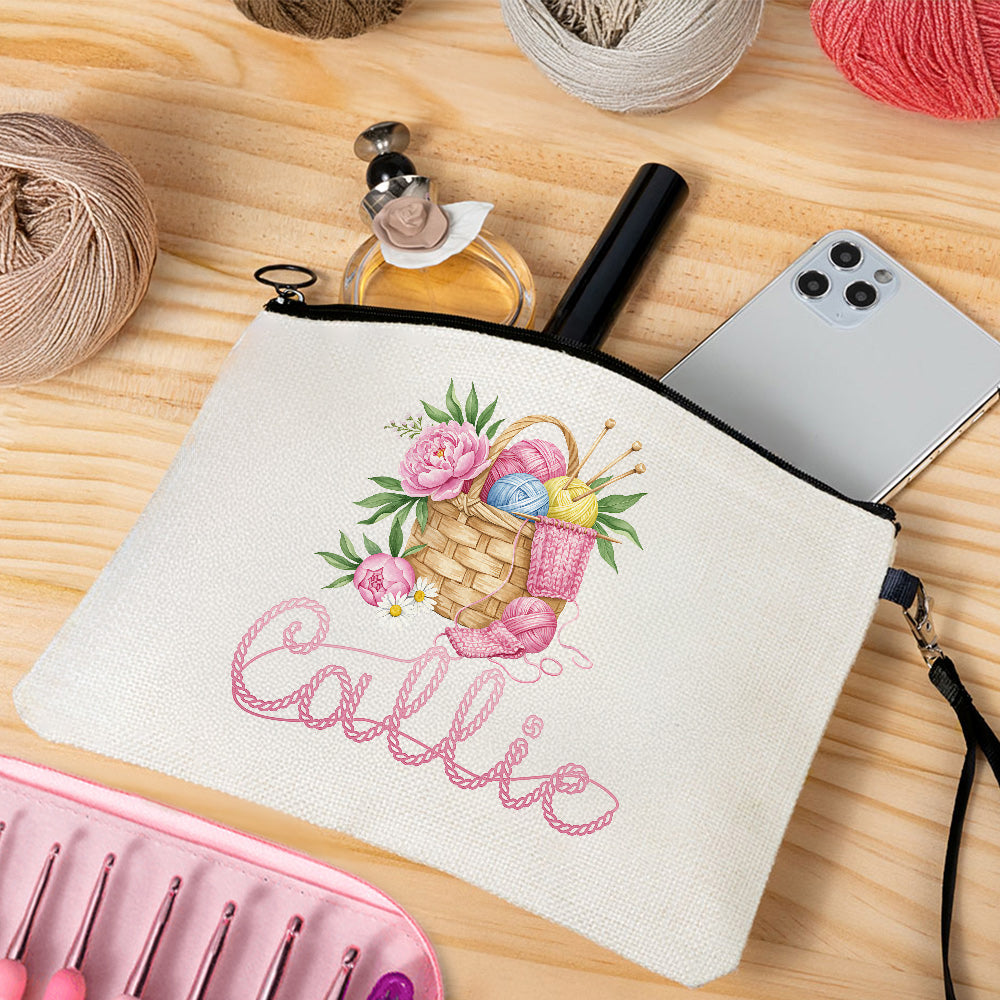 Cesta de lino personalizada con nombre y correa para la muñeca Accesorios de viaje Regalo de cumpleaños para ganchilleras amantes del punto