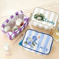 Bolsa de maquillaje personalizada con nombre y borla de rayas de flores de nacimiento multicolor Regalo esencial de cumpleaños Día de la Madre para mujer