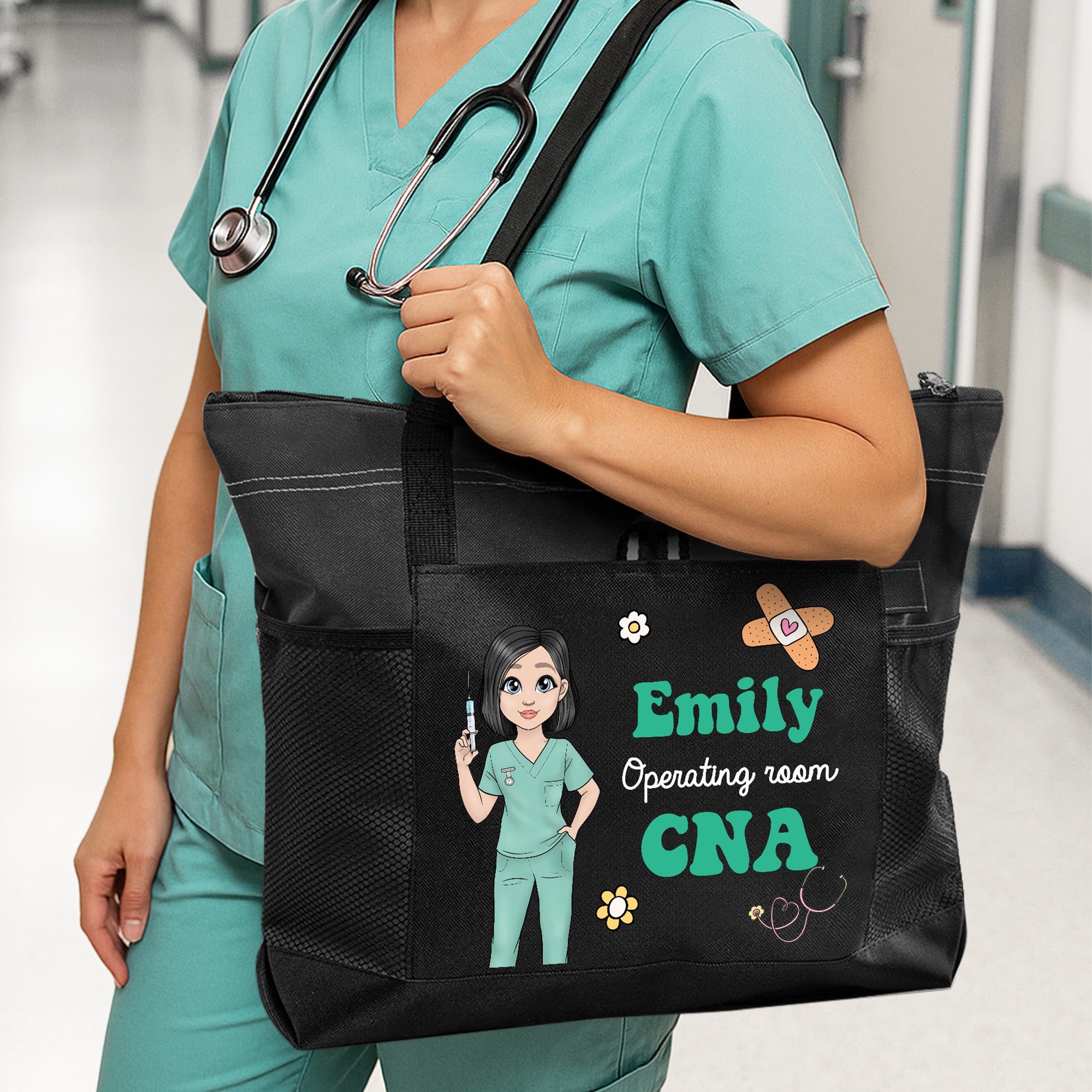 Enfermera personalizada Personaje de dibujos animados Bolsa Oxford grande con bolsillo de malla y nombre Regalo de agradecimiento de la semana de la enfermera para el personal médico