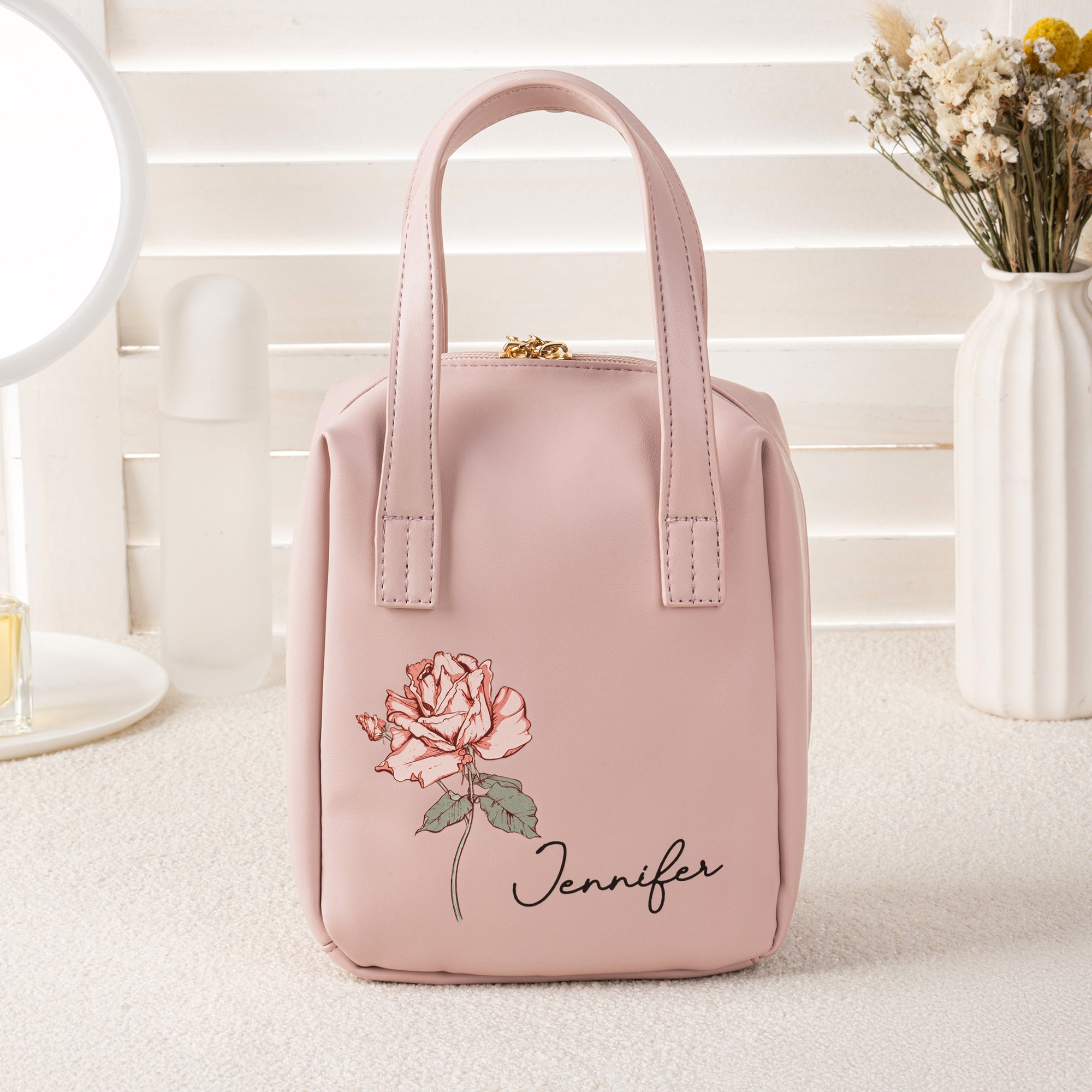 Bolso de maquillaje portátil personalizado de cuero PU con flor de nacimiento nombre asa y compartimentos regalo de cumpleaños para mujeres y niñas