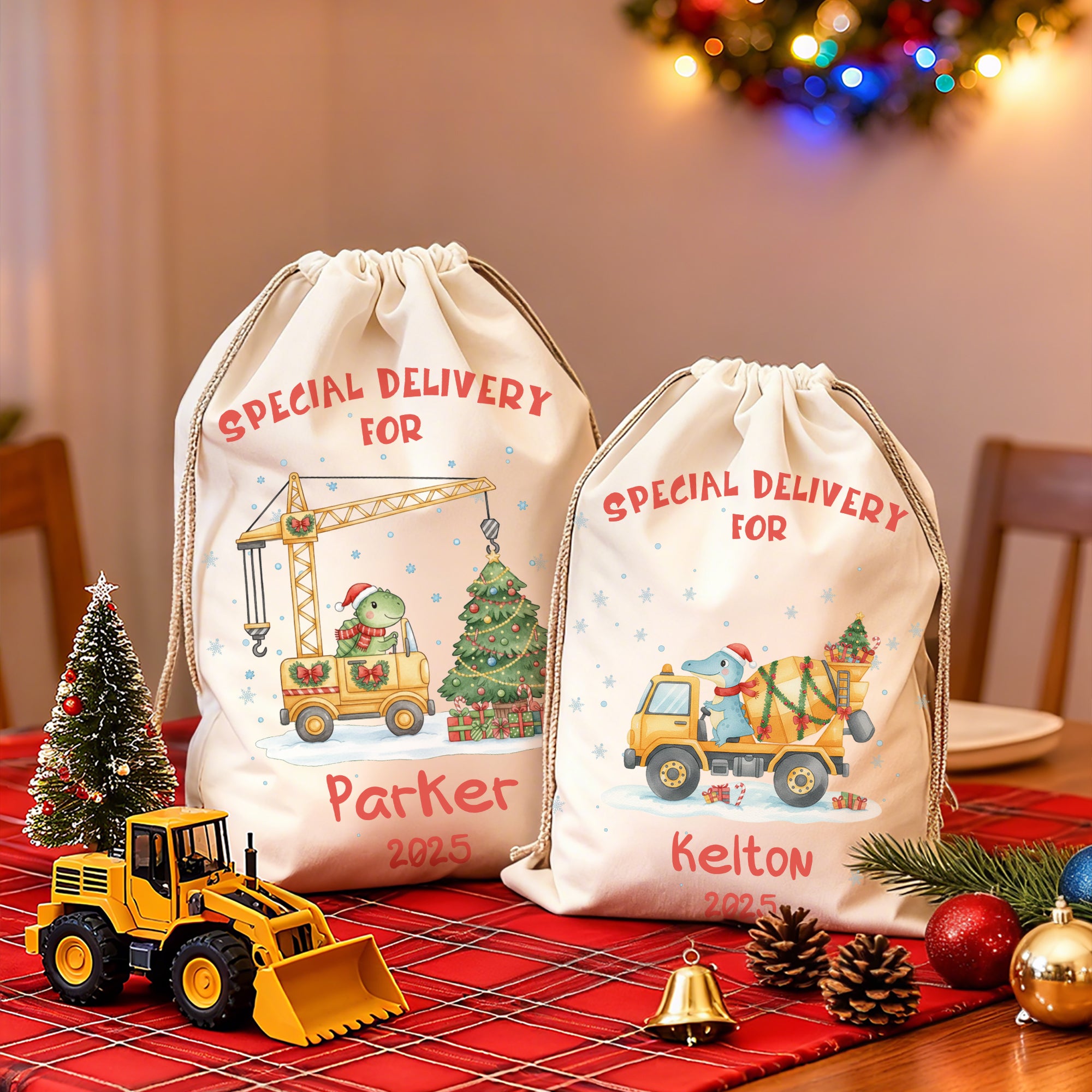 Personalizado lindo dinosaurio vehículo de construcción bolsa de regalo de cordón Santa Saco con el nombre y el año de regalo de Navidad para los niños