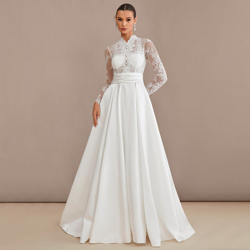 Bridal Wedding Dress Ivory Long Sleeve Long High Neck A-line