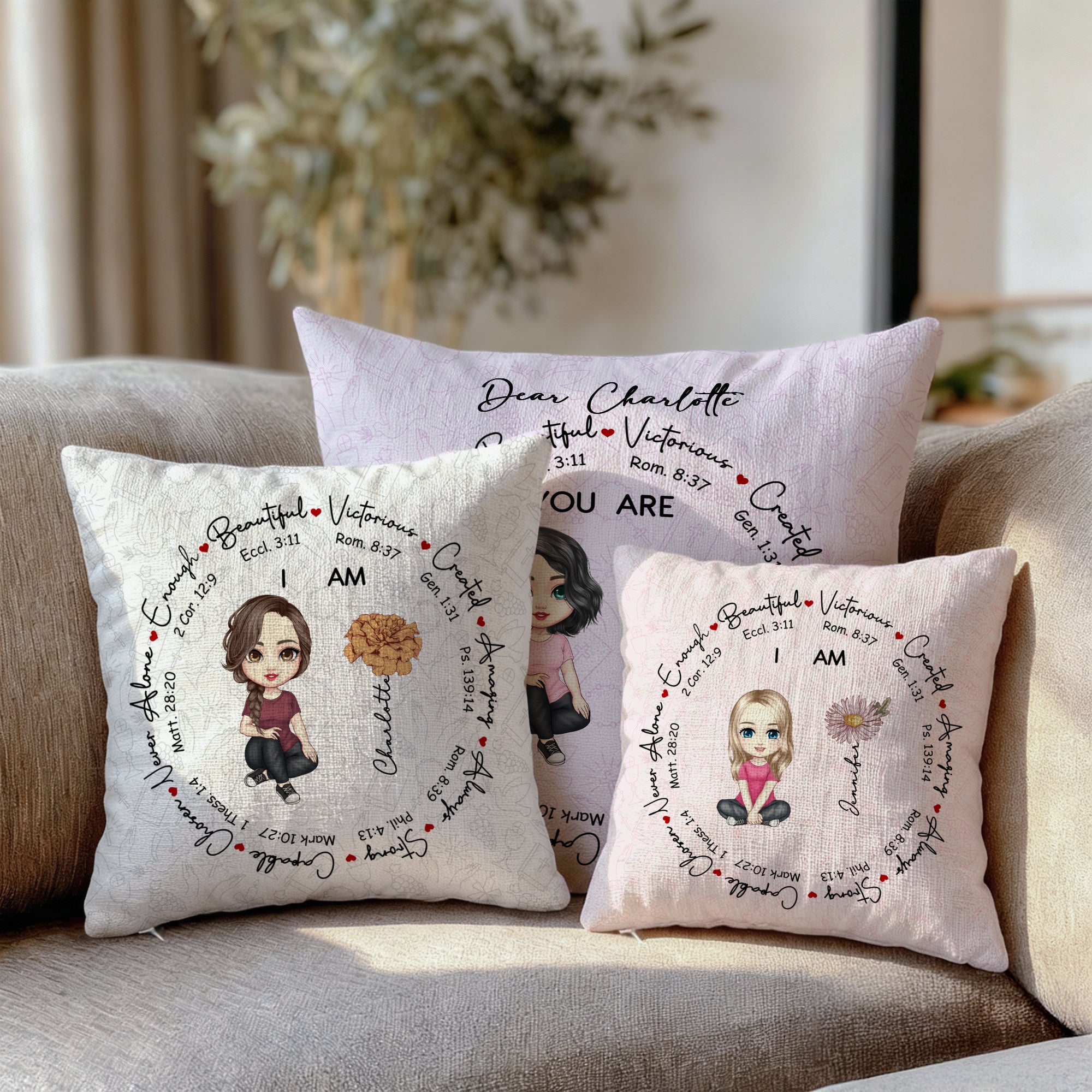 Personalizado Nacimiento Flor Biblia Caricatura Carácter Arrojar Funda de almohada con nombre y texto Decoración del hogar Navidad Cumpleaños Regalo para la familia cristiana