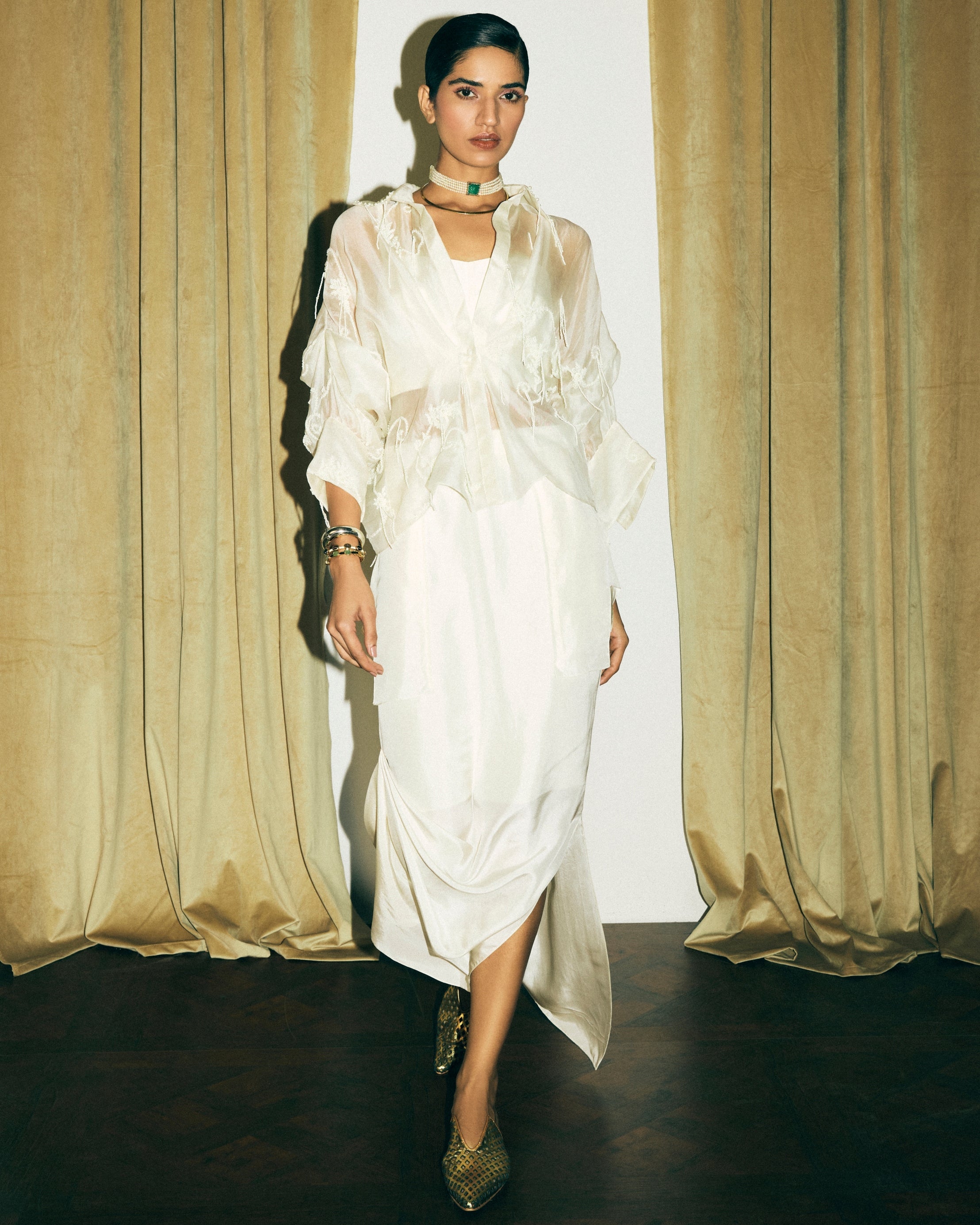 Ivory Bolero Jacket With Bustier And Daria Skirt By KYNAH, Luxury Indian Fashion & Bridal Wear