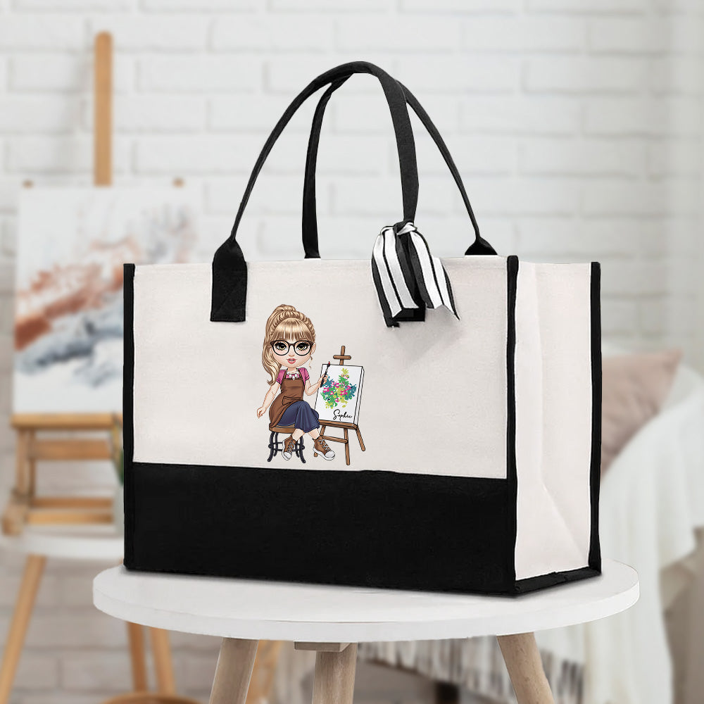 Pintor de dibujos animados personalizado Bolsa de lona grande con nombre Accesorios de viaje Regalo de cumpleaños para artistas Mujeres