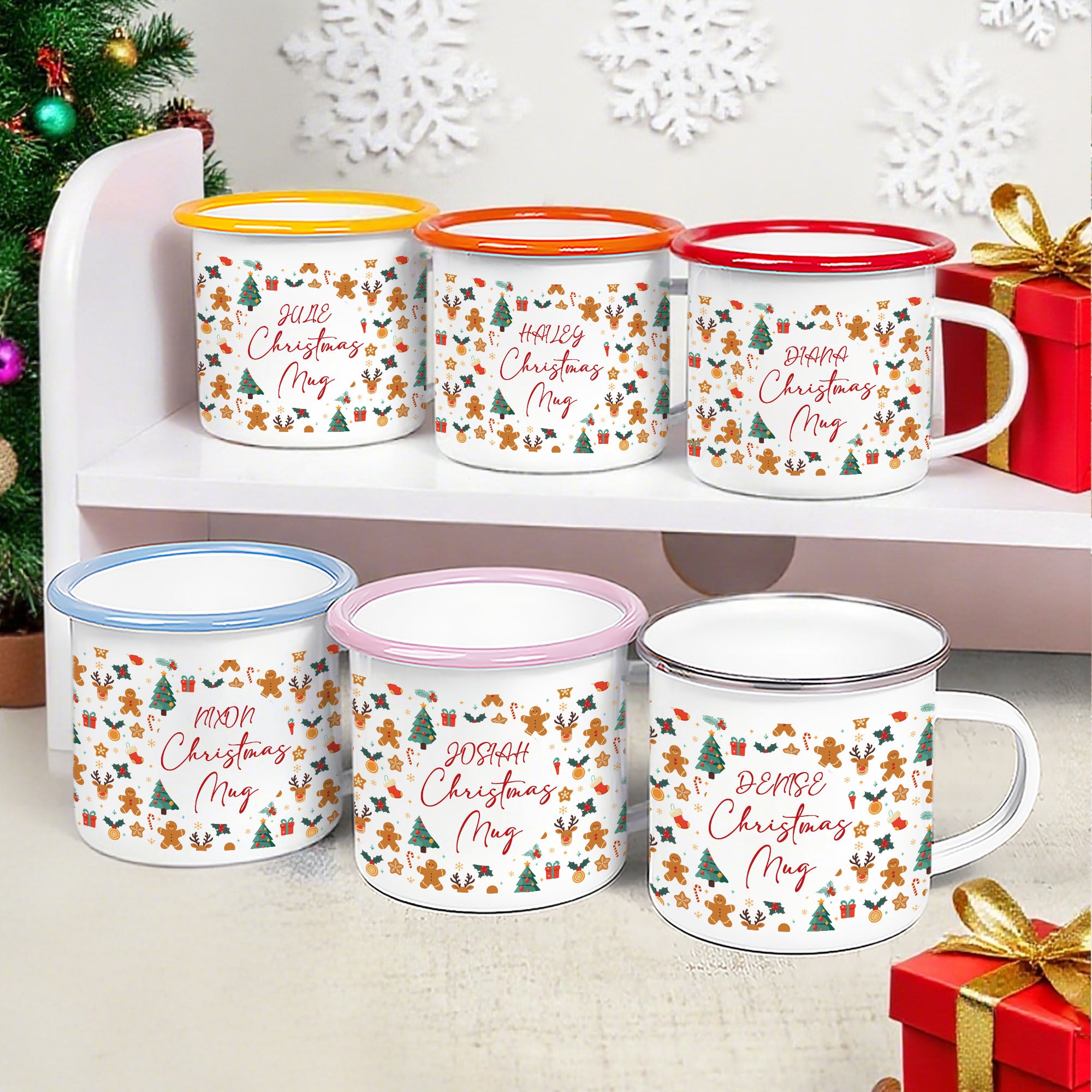 Taza esmaltada con nombre y borde multicolor de 12 oz. personalizada con el reno del árbol de Navidad y el hombre de jengibre Regalo de fiesta de Navidad para niños