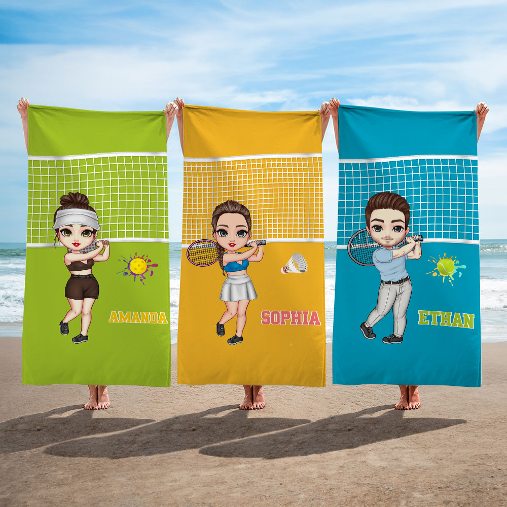 Toalla de playa de secado rápido personalizada con nombre Tenis Bádminton Pickleball Personaje de dibujos animados Fiesta en la playa Regalo de cumpleaños esencial para los amantes del deporte