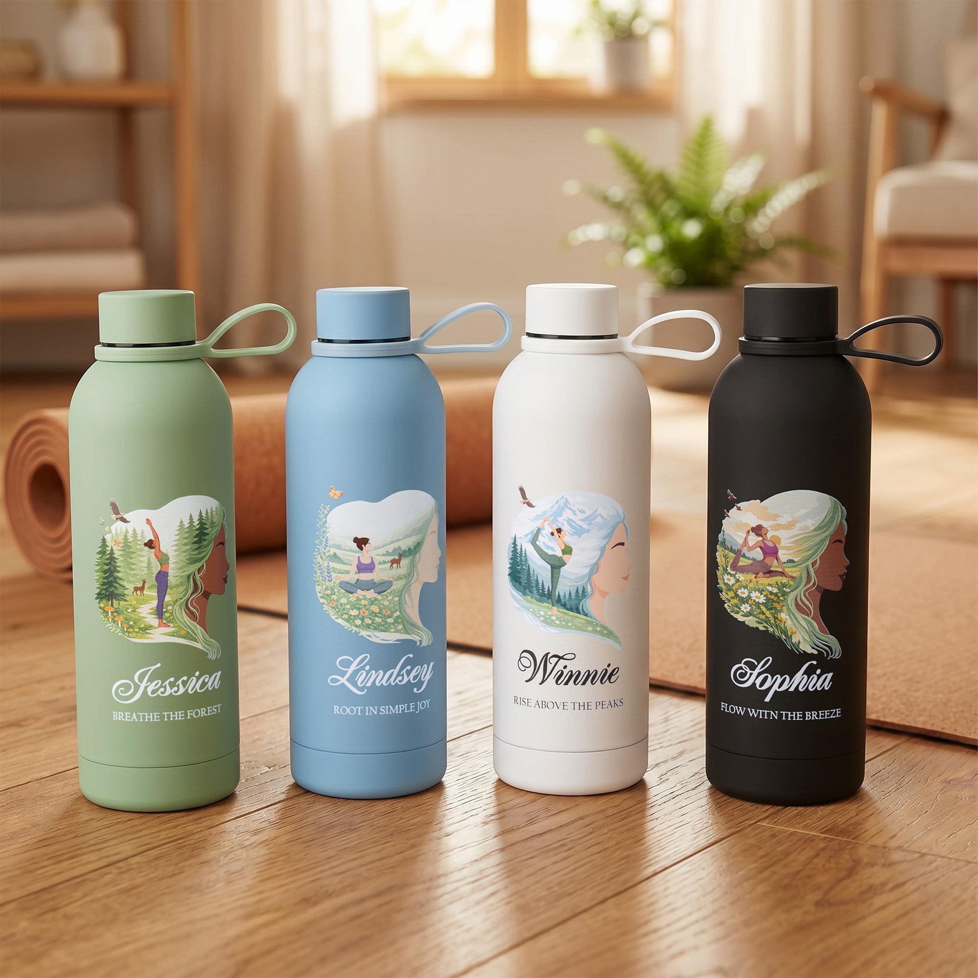 Botella de agua aislante personalizada con nombre Fresh Yoga Posture 17 oz Regalo de cumpleaños de uso diario para amantes del yoga