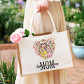 Personalizada en forma de corazón de dibujos animados Mamá y 1-2 niños Bolsa de yute con nombre Accesorios de viaje Día de la Madre Cumpleaños Regalo para mamá Mujeres