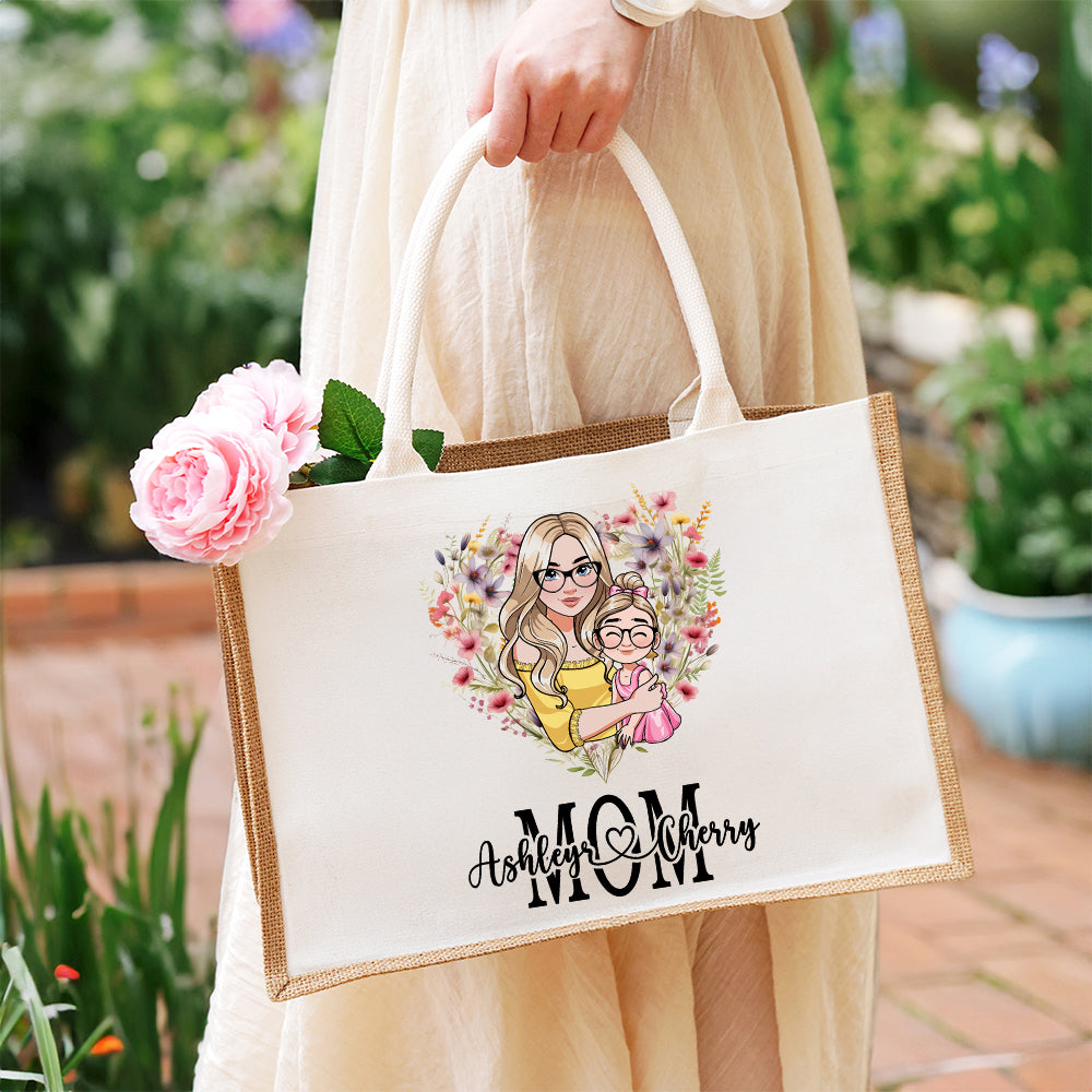 Personalizada en forma de corazón de dibujos animados Mamá y 1-2 niños Bolsa de yute con nombre Accesorios de viaje Día de la Madre Cumpleaños Regalo para mamá Mujeres