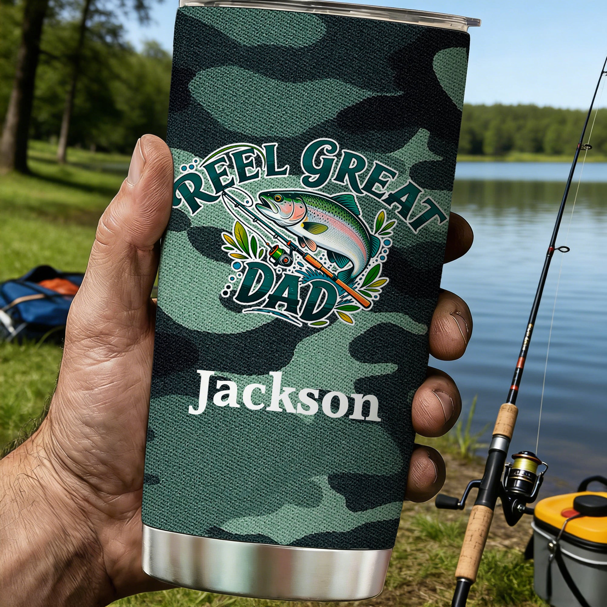 Vaso de pesca de camuflaje personalizado de 20 oz con nombre Uso diario Día del padre Cumpleaños Regalo para el padre Abuelo