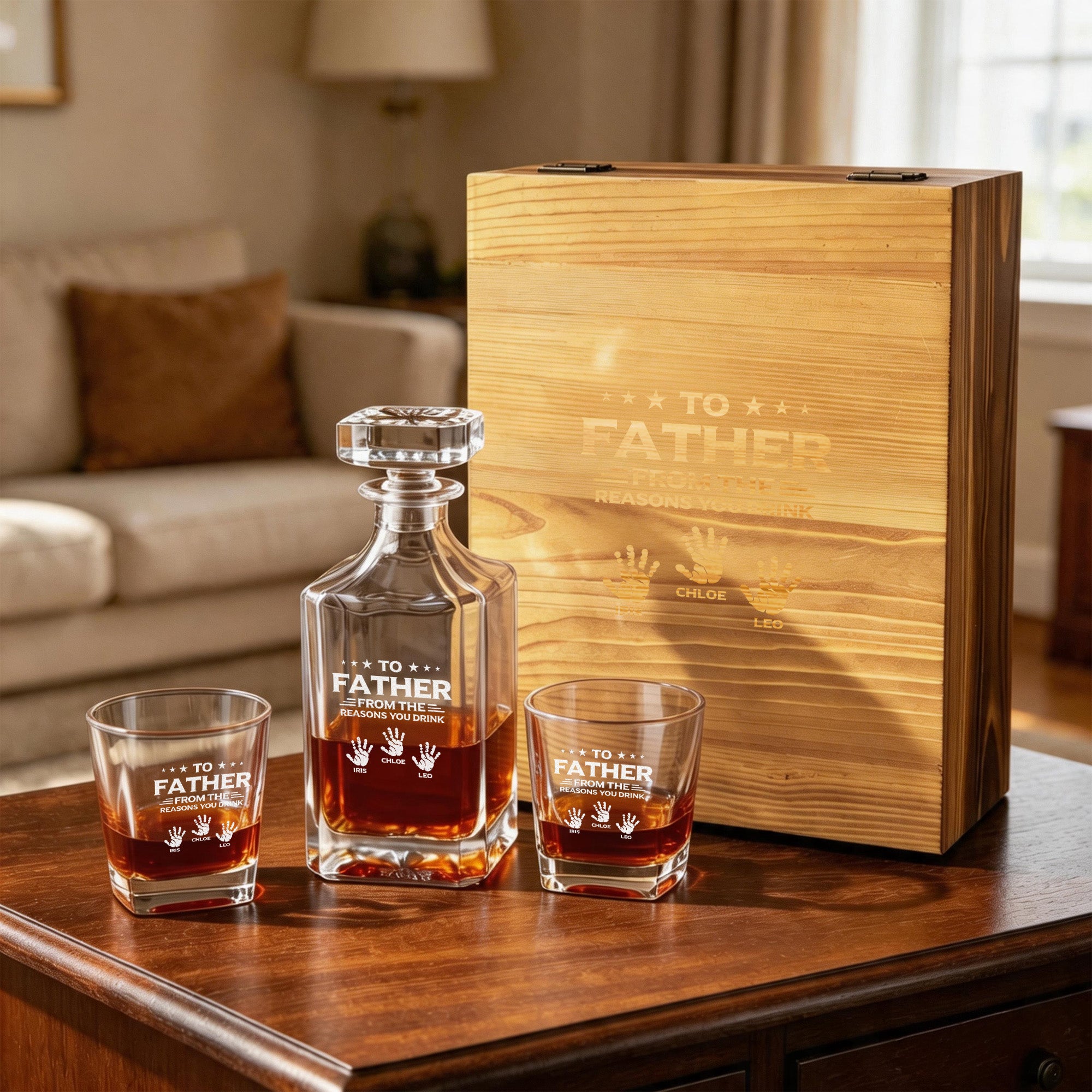 Personalizado Manos Imprimir Whiskey Decanter Glass Set con Nombre Cumpleaños Aniversario Día del Padre Regalo para Hombre Esposo Padre