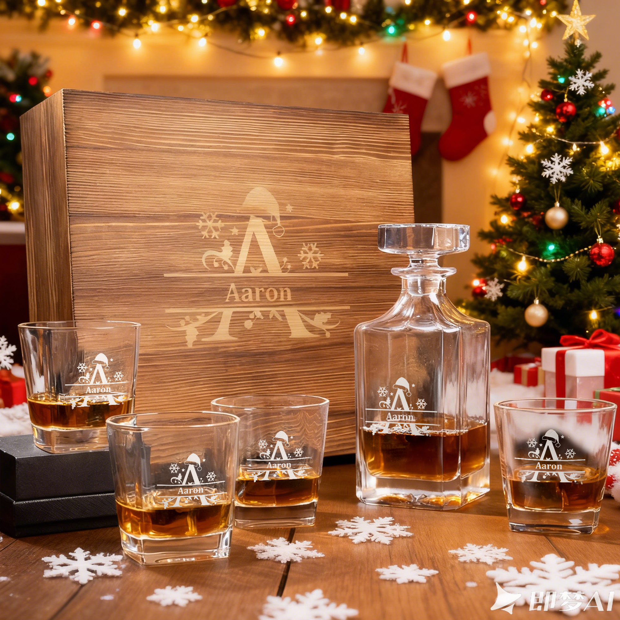 Decantador de whisky personalizado con iniciales del sombrero de Papá Noel y 4 copas con nombre y caja de madera para guardar accesorios de bar Regalo de Navidad para hombres amantes del whisky