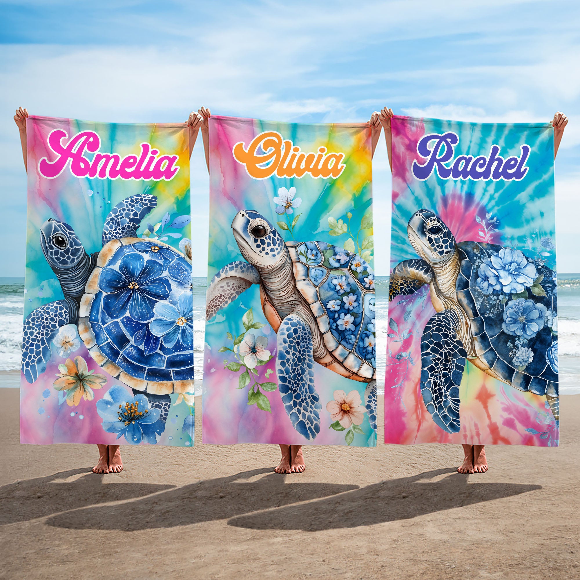 Toalla de playa de gran tamaño de secado rápido personalizada con el nombre Tortugas florales del mar Fiesta en la playa Vacaciones de verano Regalo para un amigo Familia