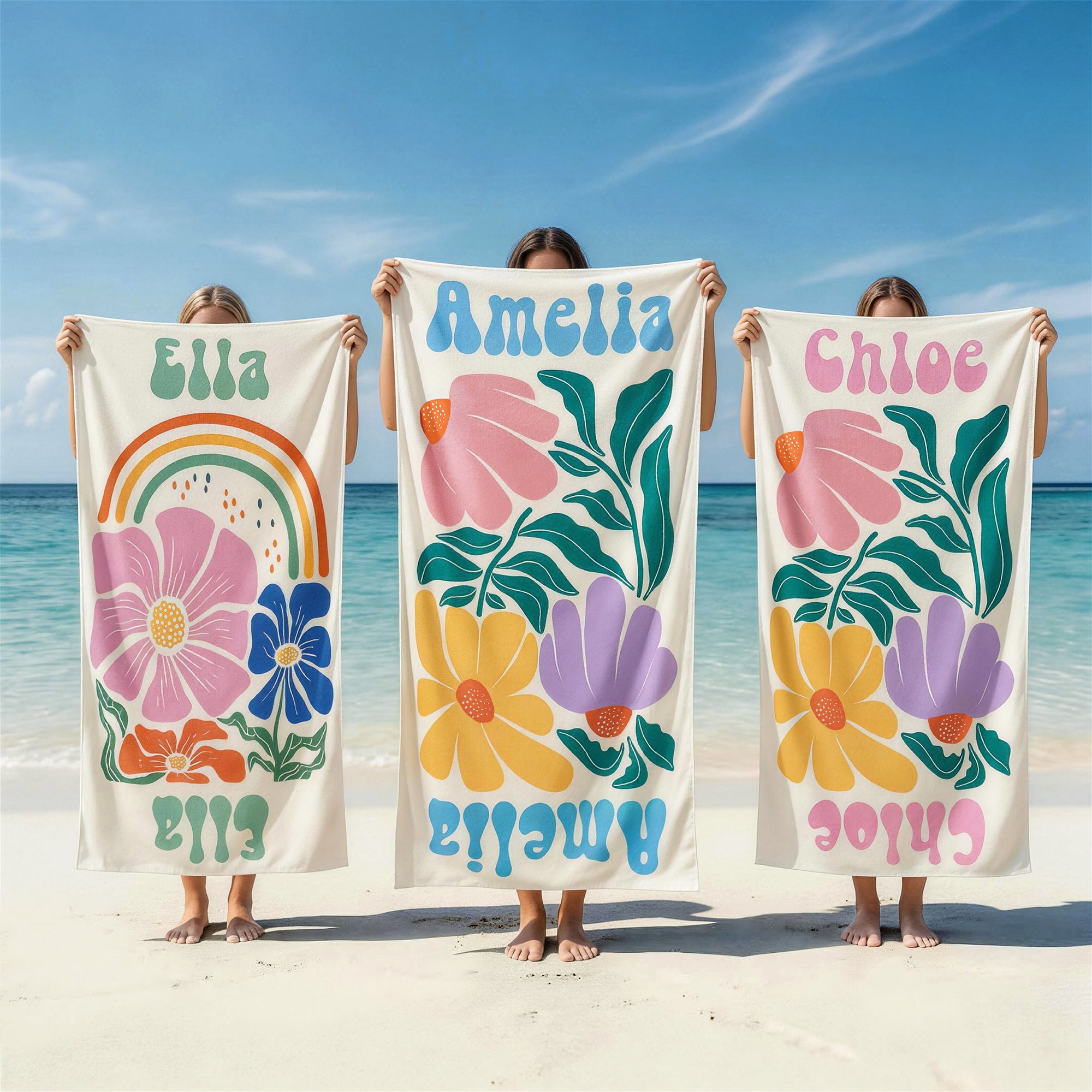 Toalla de playa personalizada multicolor de secado rápido con flores y nombre regalo de cumpleaños vacaciones de verano y fiesta para mujeres