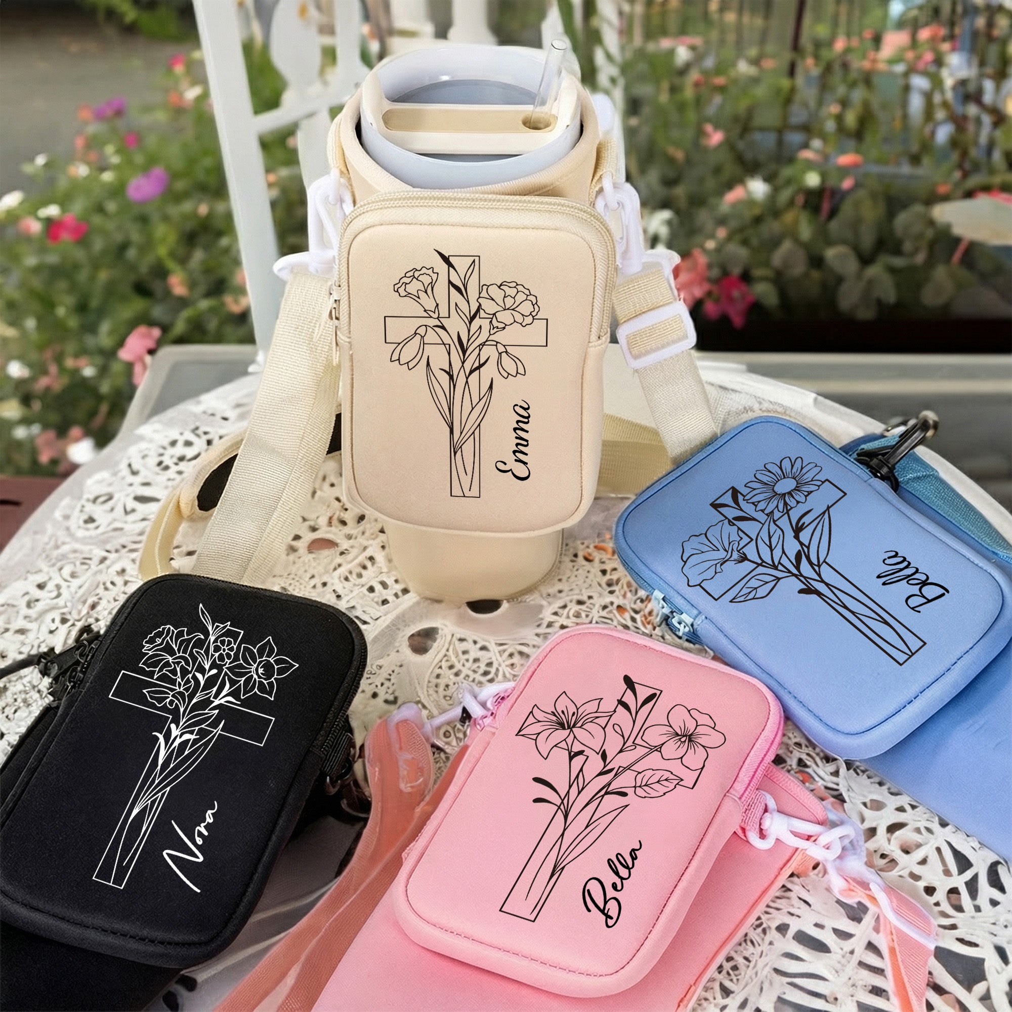 Personalizado Cruz Nacimiento Flor Botella de Agua Bolsa con Bolsa Correa Ajustable Accesorio para Stanley Vaso Cumpleaños Regalo para Mujer Cristiano