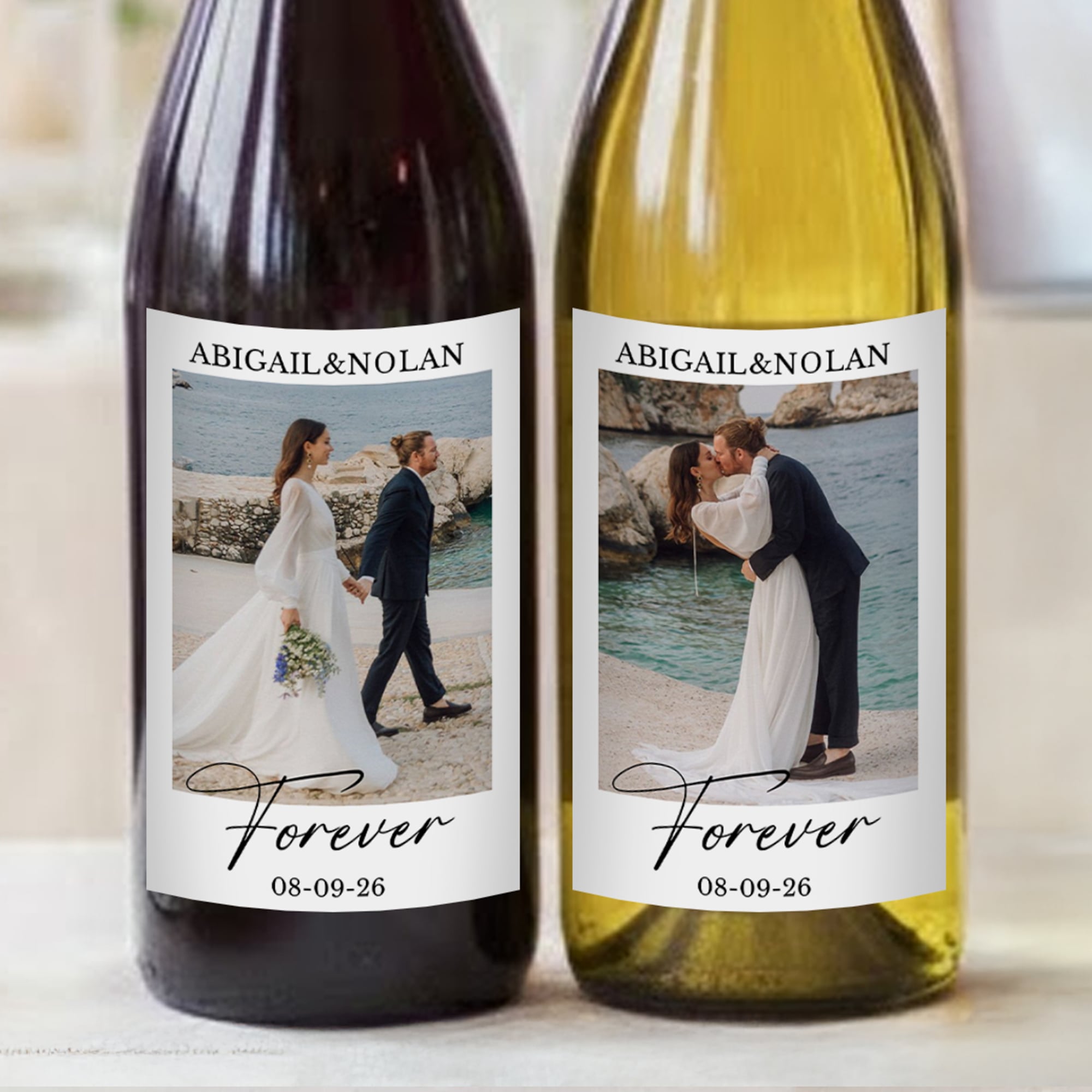 Etiquetas adhesivas para vino personalizadas con nombre y fecha para aniversario de boda de novios
