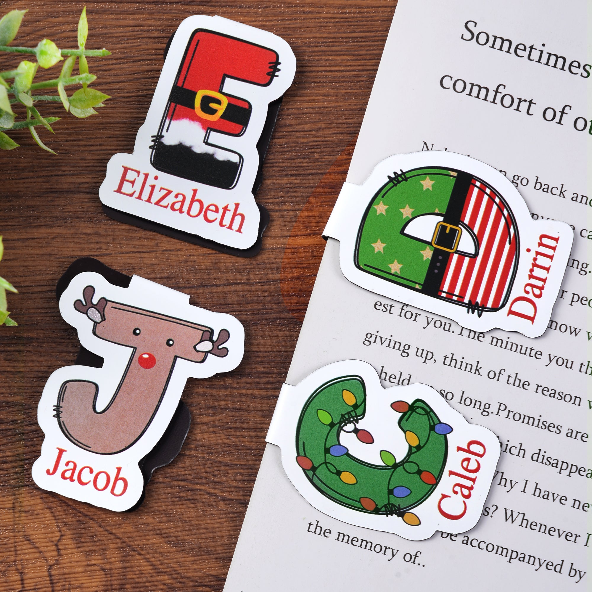 Luces de colores personalizadas Papá Noel Alce Elfo Marcapáginas magnético con nombre Cumpleaños Regalo de Navidad para los amantes de los libros Ratones de biblioteca