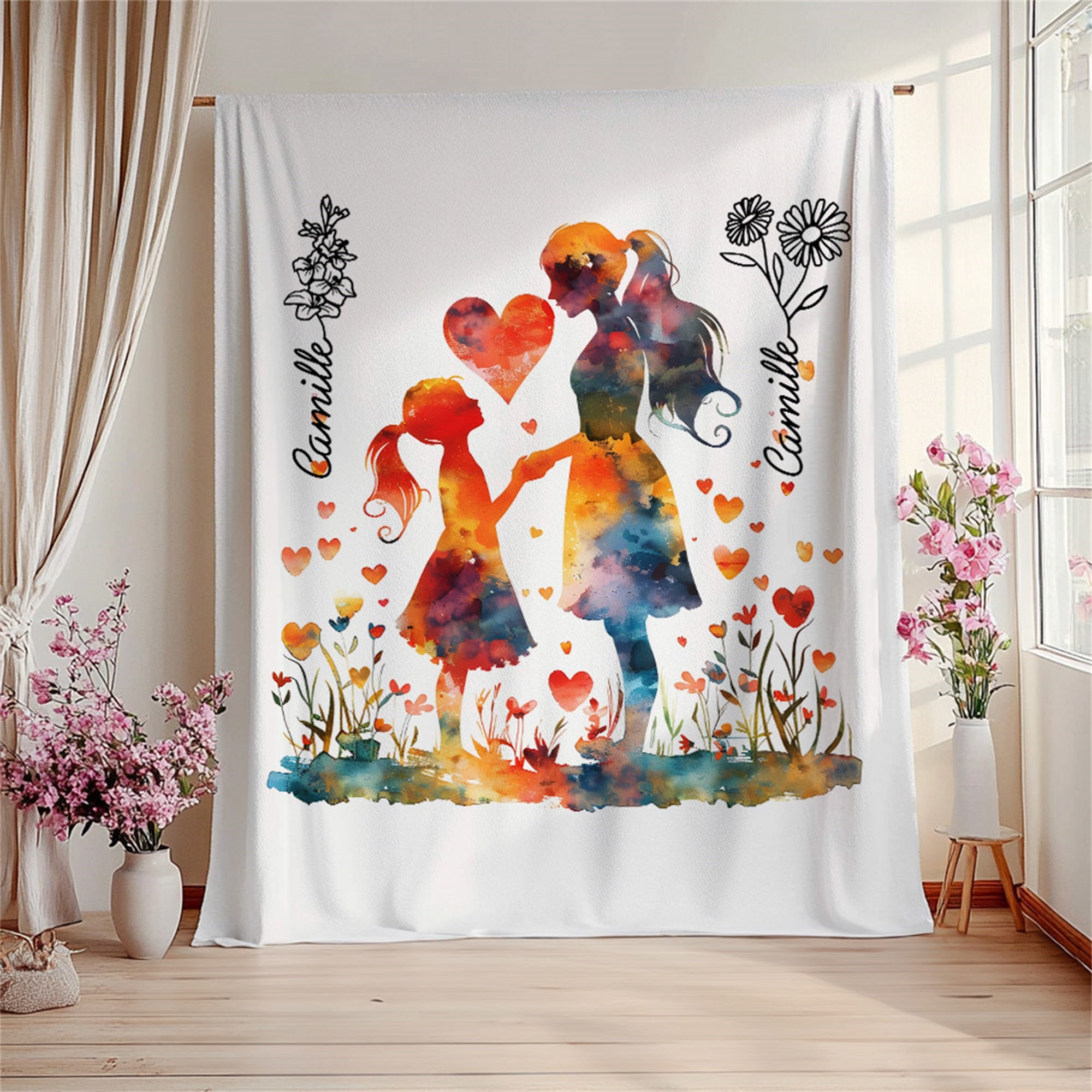 Silueta de madre e hija personalizada Manta suave con flor de nacimiento y nombre Decoración del hogar Día de la madre Regalo de cumpleaños para mamá