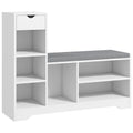 Entryway Cushioned Shoe Bench with Drawer, 6 Open Compartments & Table Top, White
