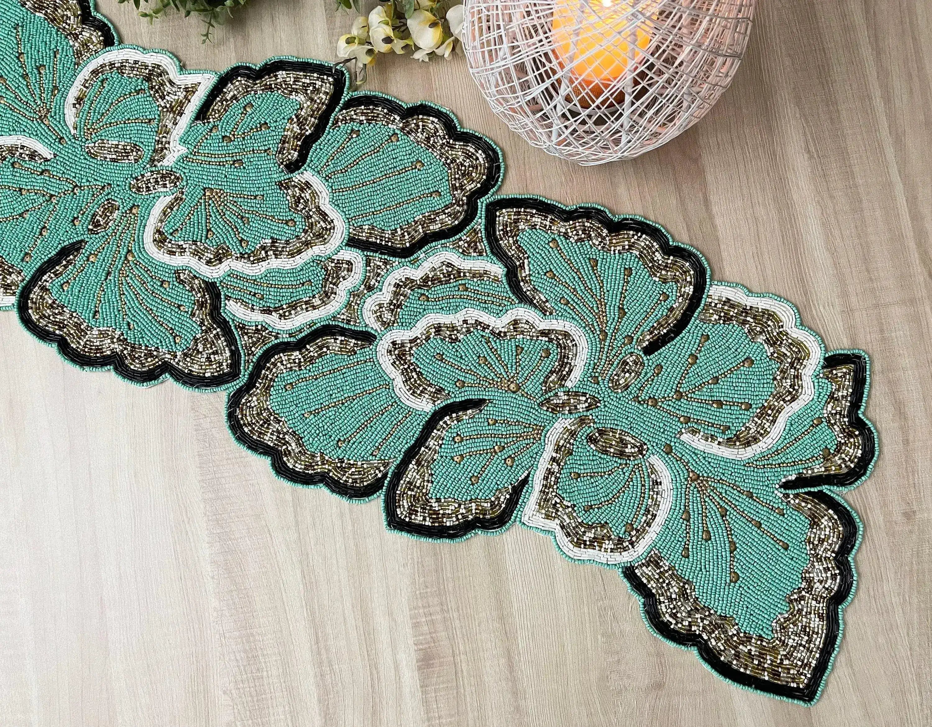 Floral Beaded Table Runner - Aquamarine Green Gold