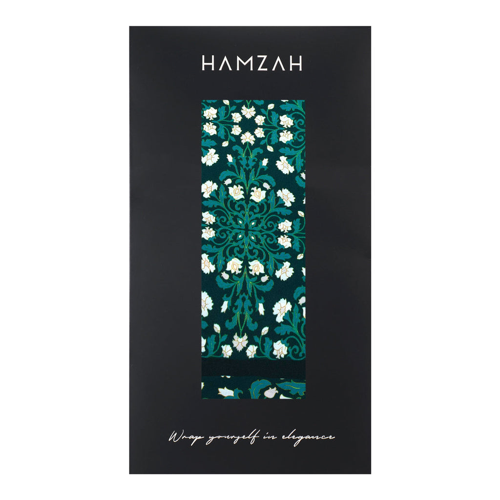 Floral Green Silk Scarf with Delicate White Blooms