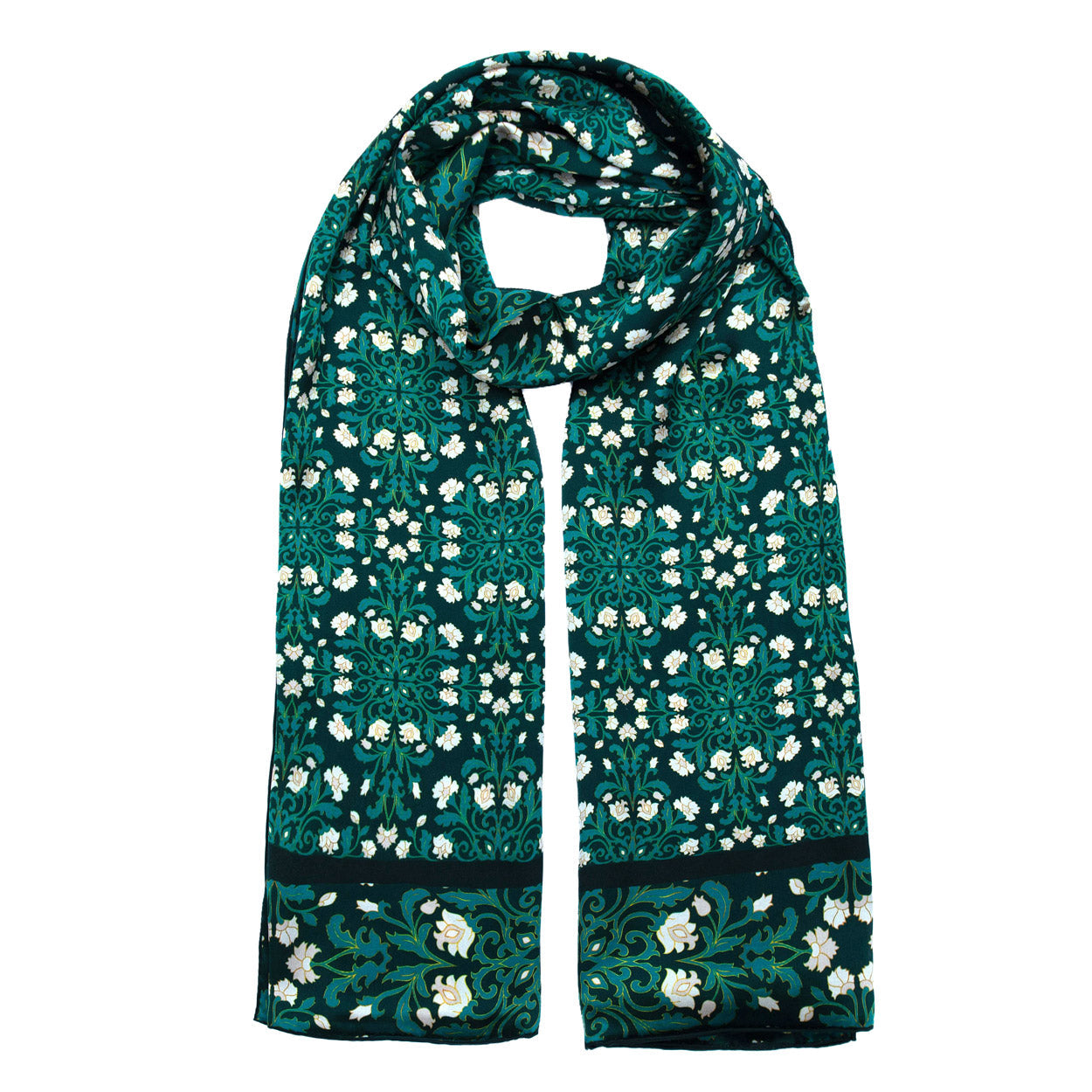 Floral Green Silk Scarf with Delicate White Blooms