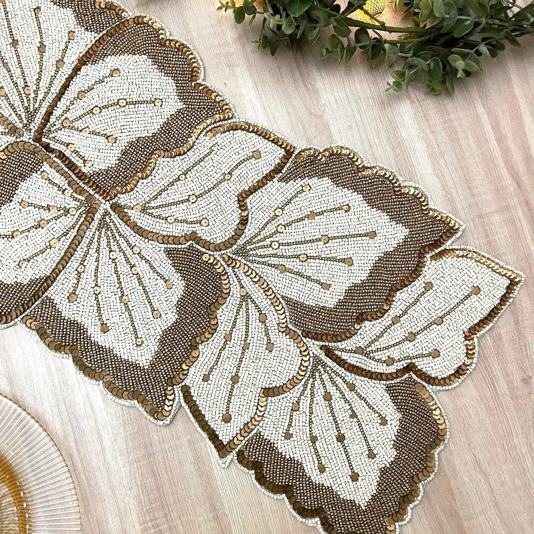 Floral Leaf Beaded Table Runner - Cream and Gold