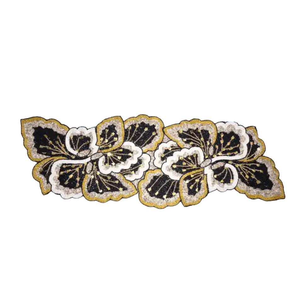 Floral Leaves Beaded Table Runner - Black and Gold