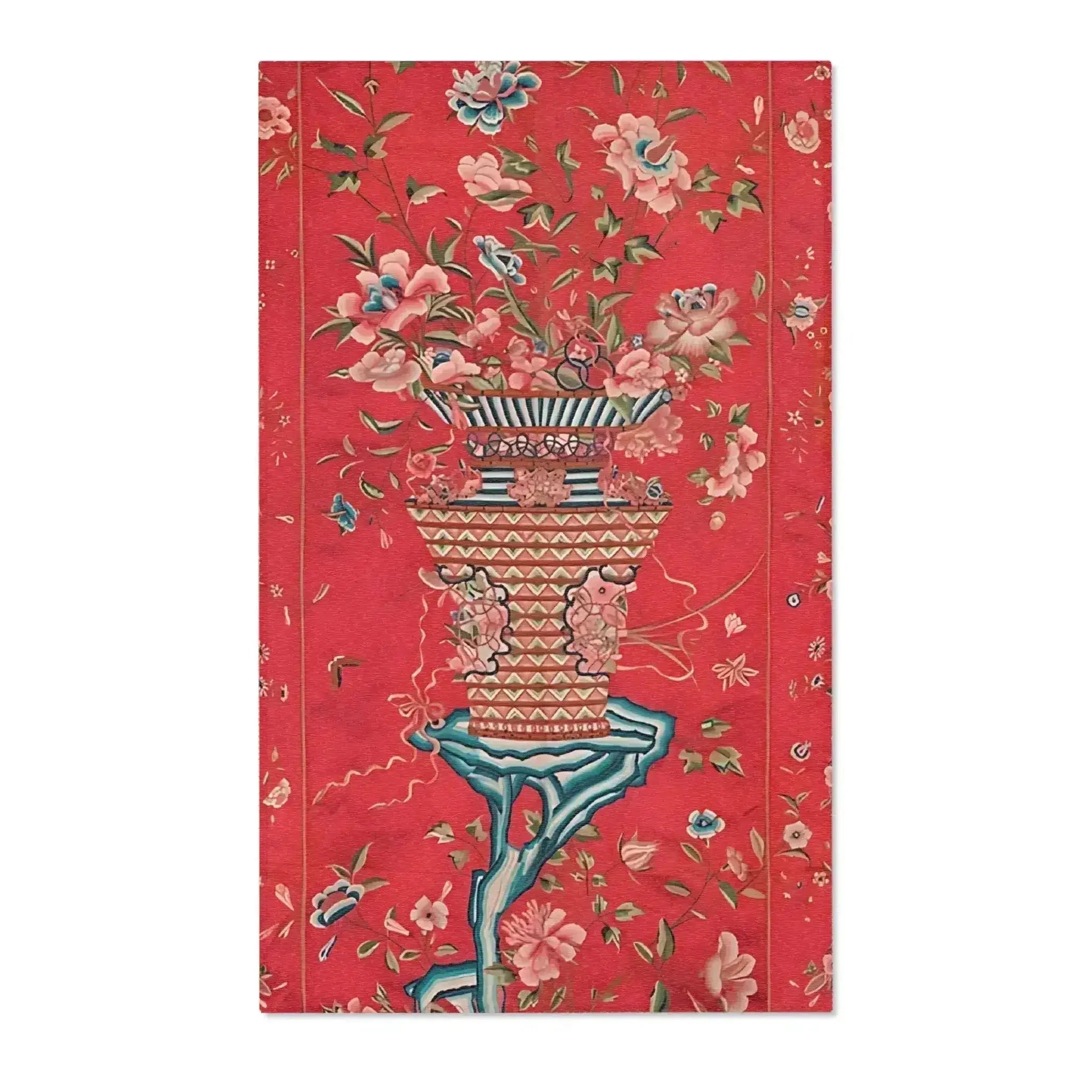Floral Vase on Crimson Red Accent Rug