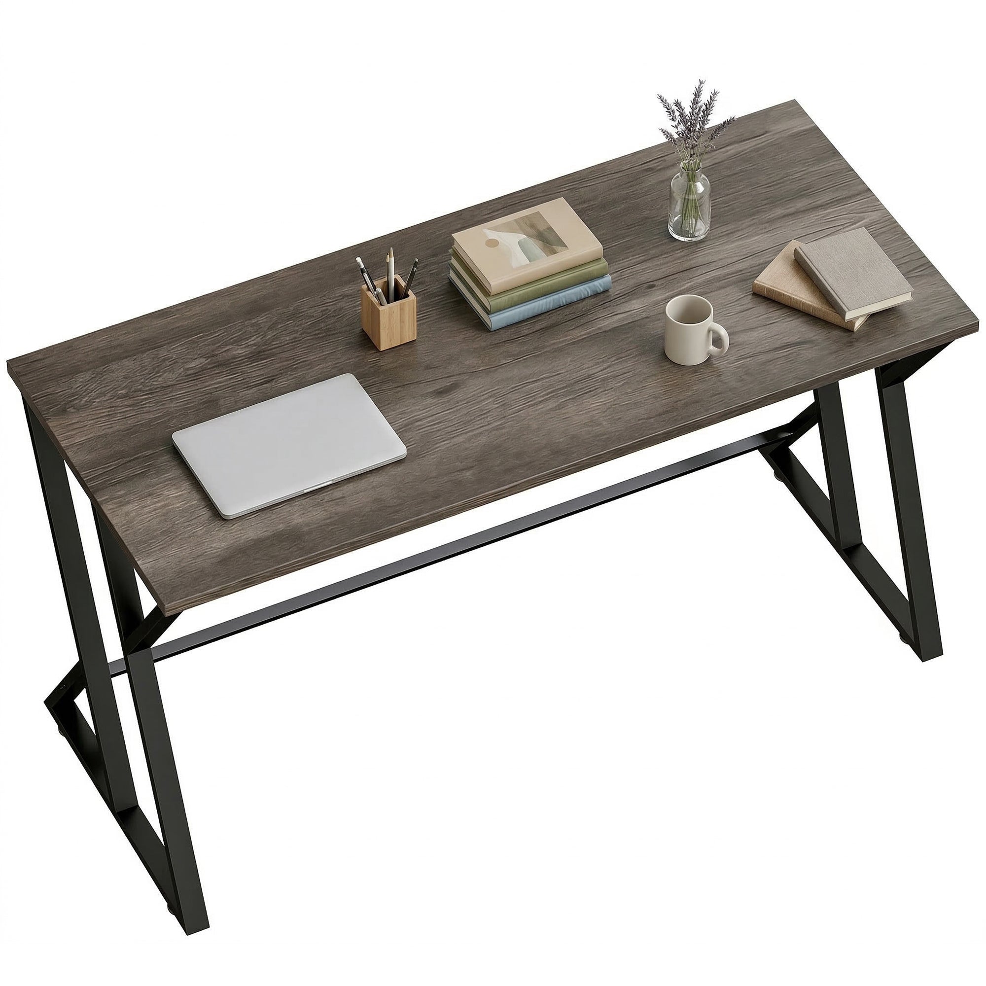 55" Computer Desk with Z-Shaped Metal Legs for Home Office Distressed Gray