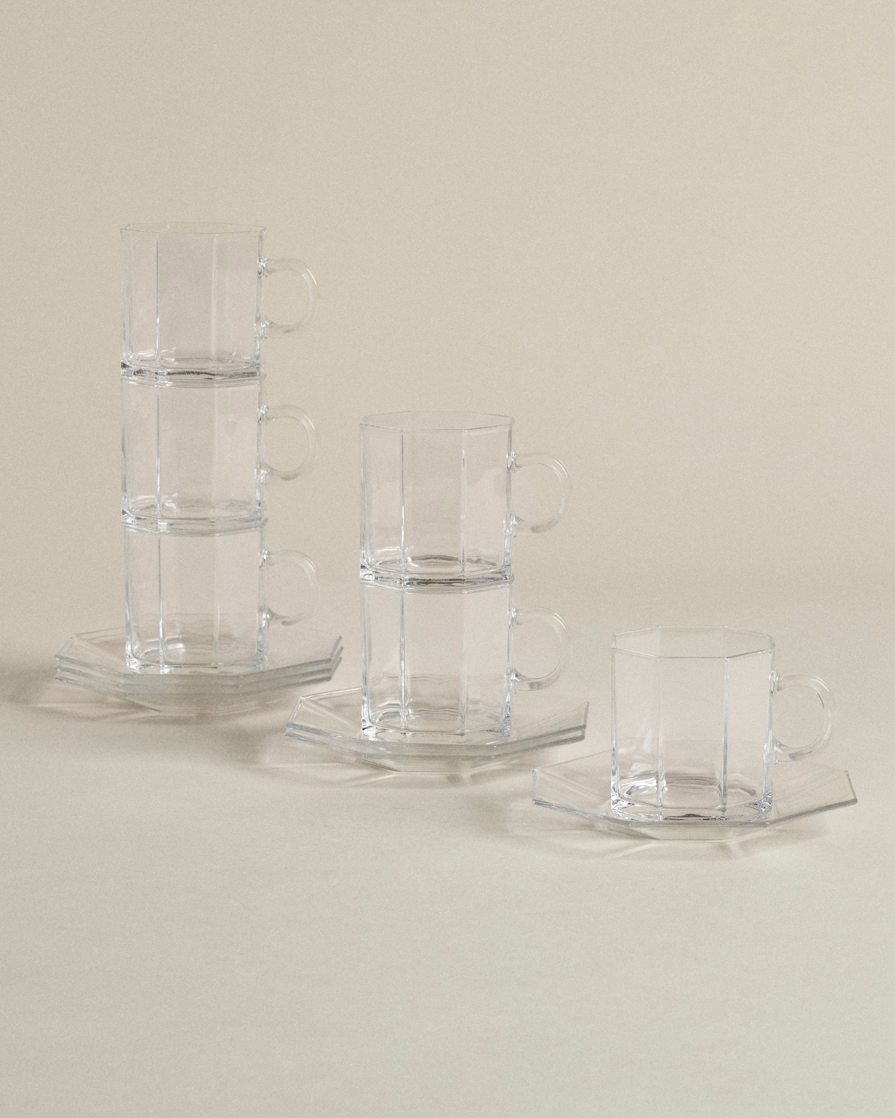 Arcoroc Octime Glass Cups — Set of Six with Saucers By Forgrave