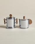 Chrome Sugar and Creamer — Oak Handles with Tray By Forgrave