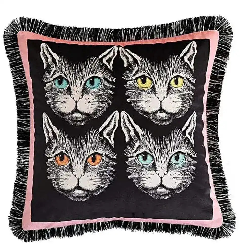 Four Cats Velvet Throw Pillow Cover with Fringes - Pink