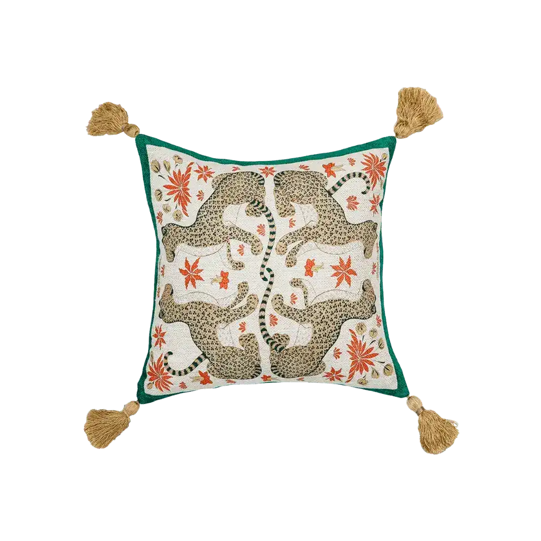 Four Leopards Floral Throw Pillow Cover with Tassels