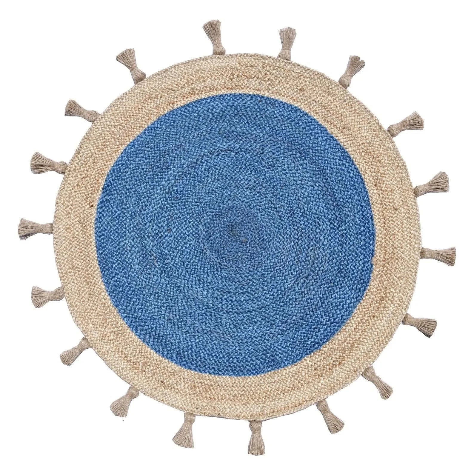 Fringed Blue Round Jute Rug