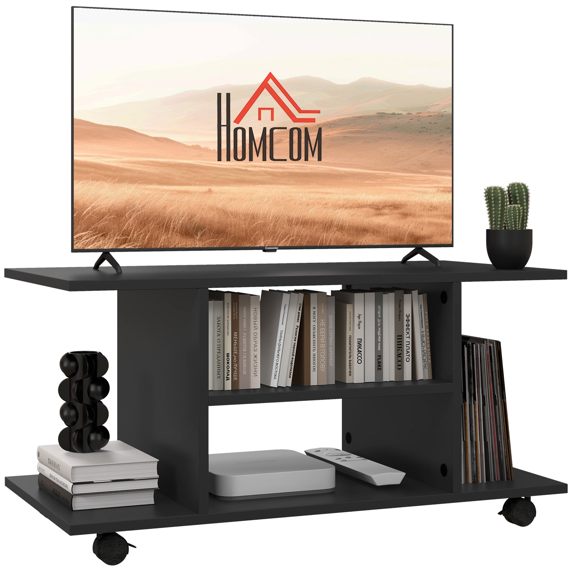 Modern TV Cabinet Stand with Storage Shelves &Wheels, Bedroom Mobile Bookshelf, Black