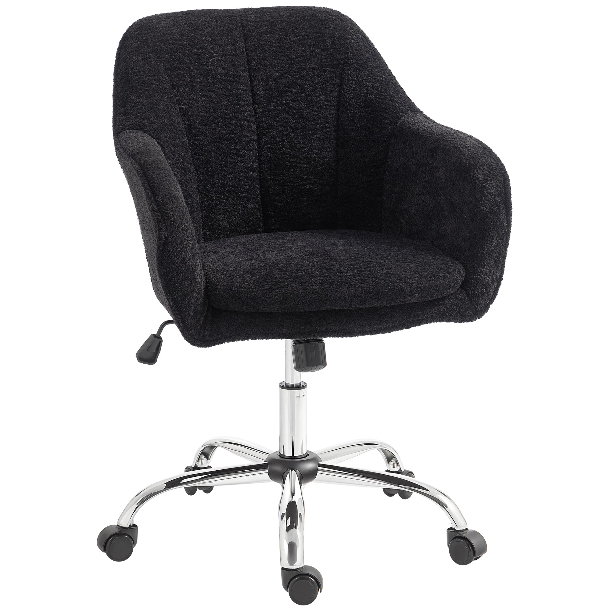Modern Makeup Vanity Chair with Tub Back, Swivel Rolling Design & Snow Flannel Upholstery, Black