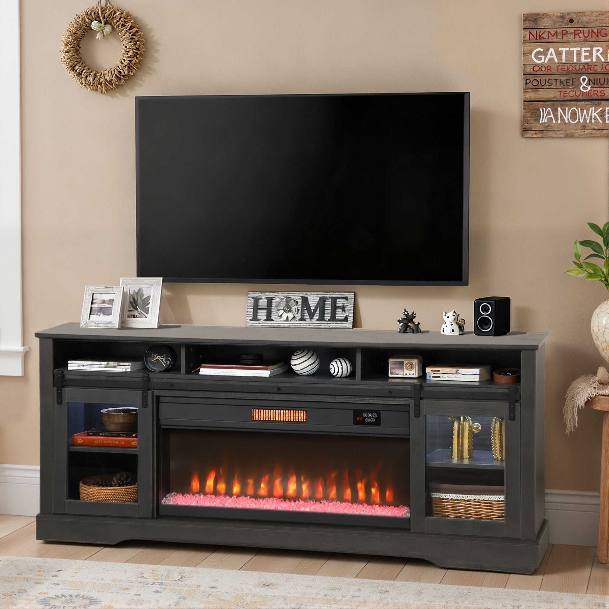 Fireplace TV Stand with Electric Fireplace, Open Storage and Side Cabinets, Gray