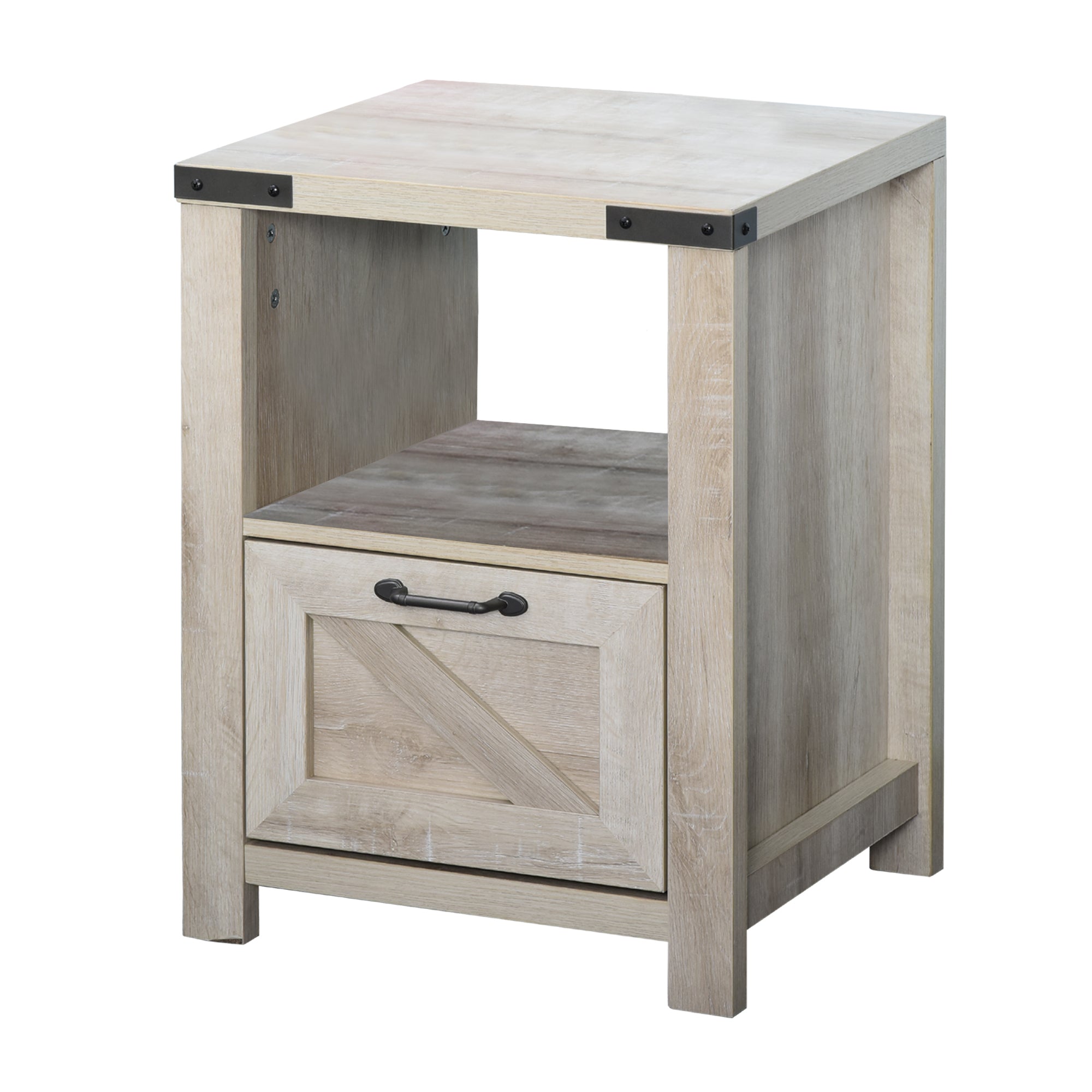 Farmhouse Side Table with Drawer & Open Shelf, Nightstand for Living Room Bedroom, Oak