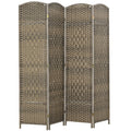 4 Panel Room Divider, 6' Tall Folding Privacy Screen, Hand-Woven Freestanding Wall Partition for Home Office, Bedroom, Dark Rustic Oak