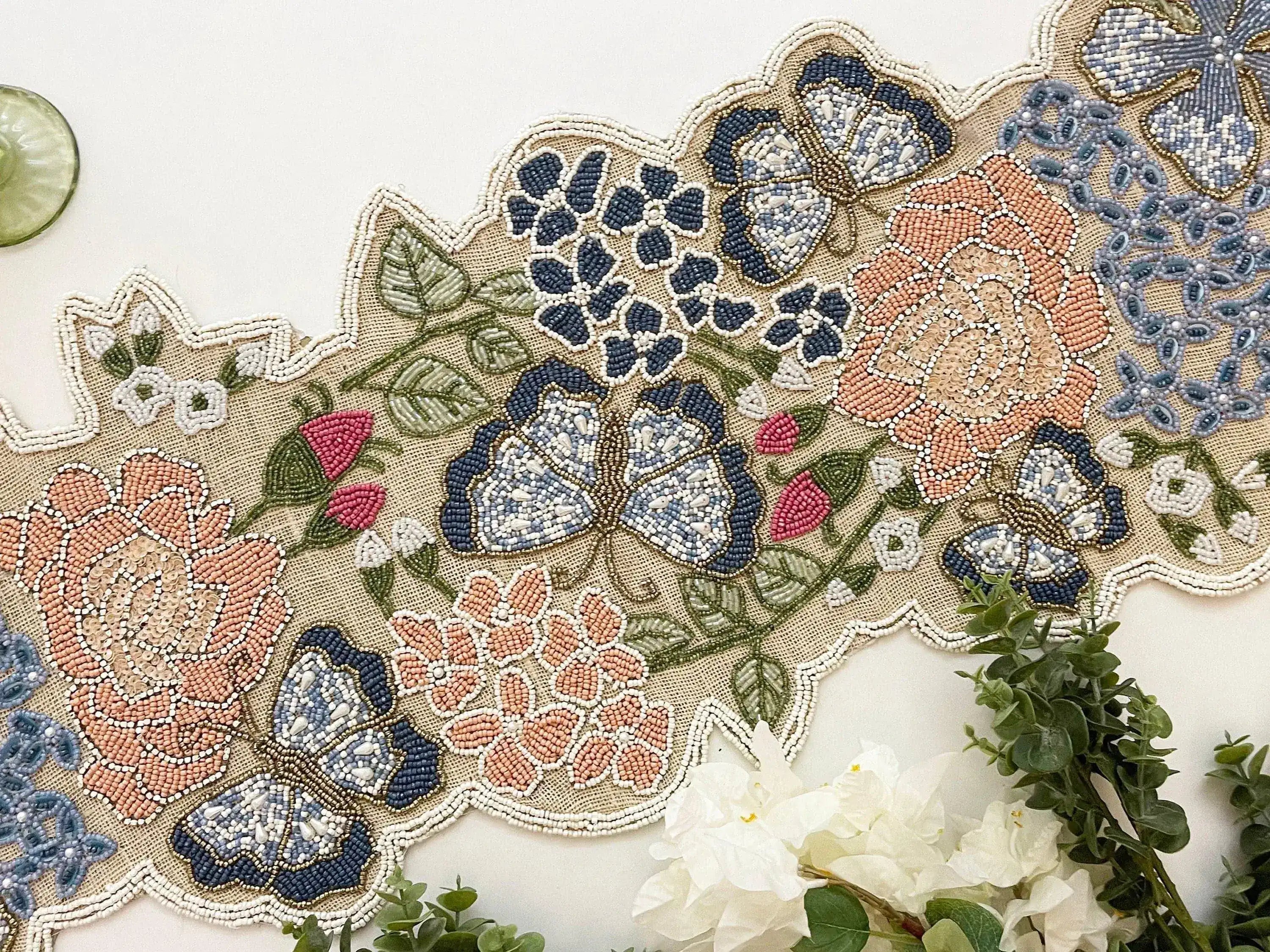 Garden of Life Burlap Beaded Table Runner